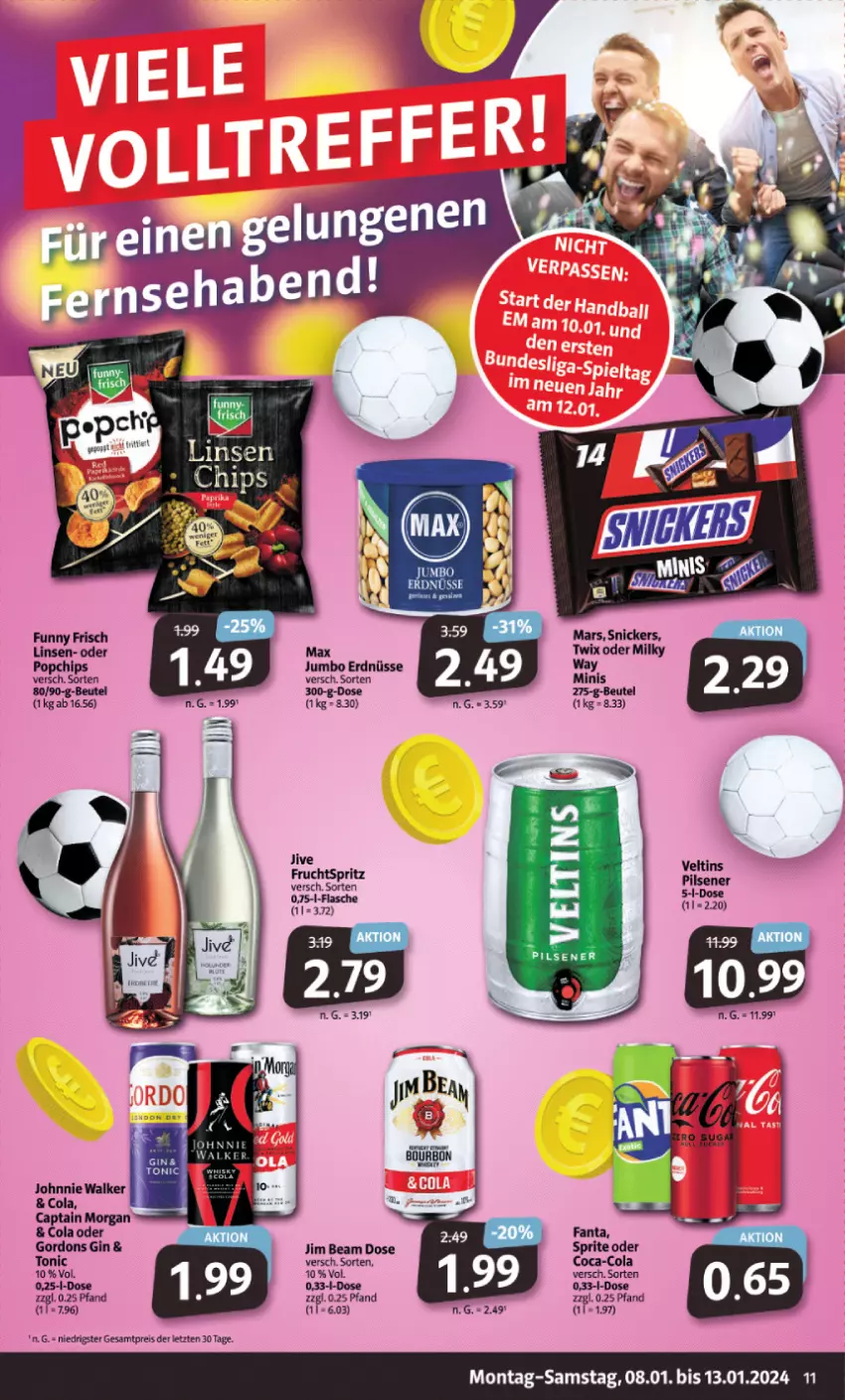 Aktueller Prospekt Markant - Prospekte - von 08.01 bis 13.01.2024 - strona 11 - produkty: beutel, coca-cola, cola, eis, erdnüsse, fanta, flasche, frucht, gin, jim beam, jumbo, mars, milky way, pils, pilsener, reis, snickers, Ti, tonic, twix, veltins, ZTE