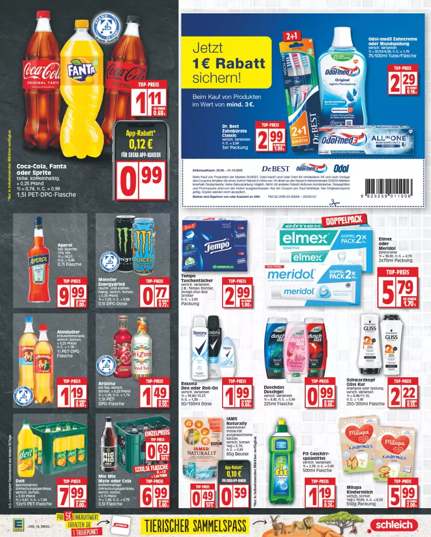 Aktueller Prospekt E Center - Angebote der Woche - von 25.09 bis 30.09.2023 - strona 14 - produkty: aperitif, aperol, arla, beutel, coca-cola, cola, coupon, coupons, creme, deka, deo, drink, duschdas, duschgel, eis, elle, elmex, erde, erfrischungsgetränk, erfrischungsgetränke, fanta, fanta oder, fanta oder sprite, flasche, fleisch, geschirr, getränk, getränke, gliss, gliss kur, Kinder, kindermilch, kräuter, LG, meridol, milch, milupa, mundspülung, natur, natura, oder sprite, Odol, pet-flasche, rel, rexona, Ria, roll-on, sac, schwarzkop, schwarzkopf, shampoo, shampoo oder spülung, sofort-rabatt, sprite, spülmittel, spülung, Tasche, taschen, taschentücher, tee, Tempo, Ti, tücher, zahncreme