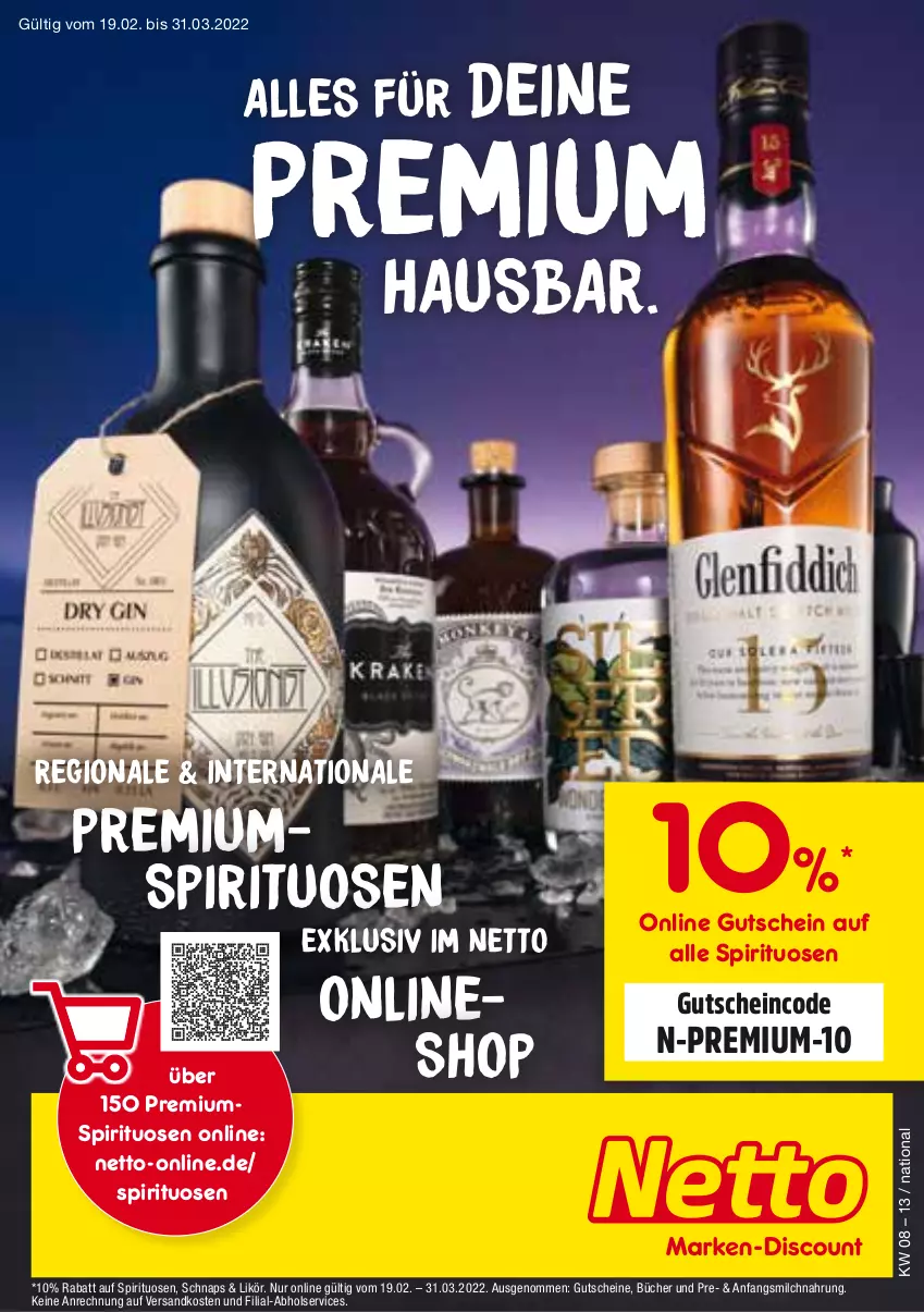 Aktueller Prospekt Netto Marken-Discount - Regionale & Internationale Premium-Spirituosen - von 19.02 bis 31.03.2022 - strona 1 - produkty: gutschein, gutscheine, likör, milch, ndk, spirituosen, Ti, usb