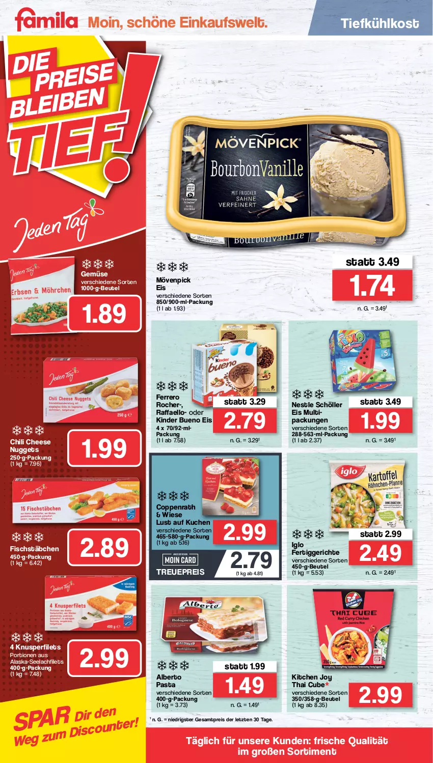 Aktueller Prospekt Famila - Prospekte - von 22.08 bis 27.08.2022 - strona 12 - produkty: beutel, chili, coppenrath, discount, eis, ferrero, Ferrero Rocher, fertiggericht, fertiggerichte, filet, filets, fisch, fischstäbchen, iglo, Kinder, kinder bueno, kuchen, Lust auf Kuchen, mövenpick, mövenpick eis, nuggets, pasta, raffaello, reis, Schöller, Ti, tiefkühlkost, ZTE