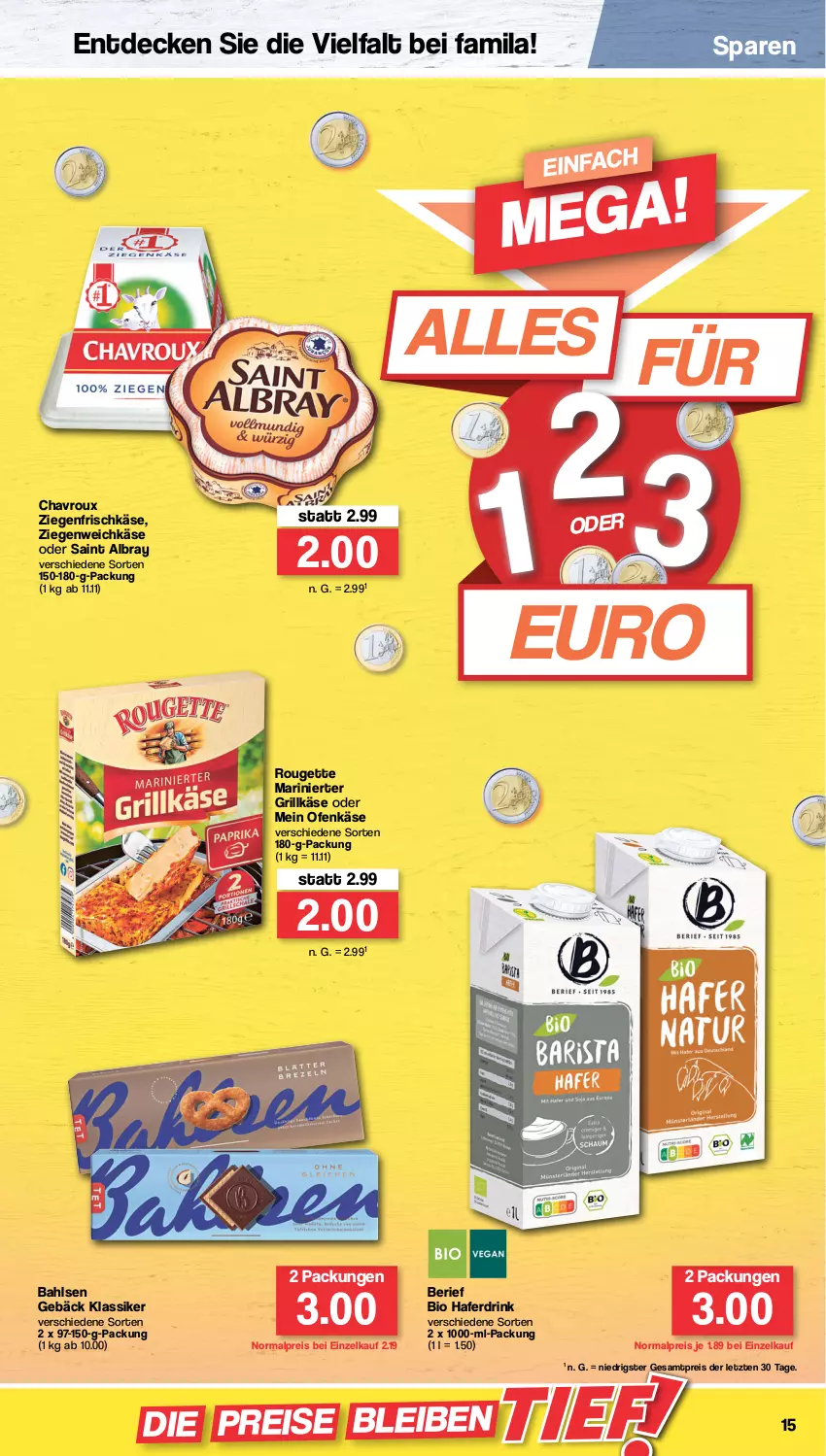 Aktueller Prospekt Famila - Prospekte - von 22.08 bis 27.08.2022 - strona 15 - produkty: albray, bahlsen, bio, chavroux, decke, drink, eis, frischkäse, grill, Grillkäse, hafer, Haferdrink, Käse, Ofen, Ofenkäse, reis, rouge, rougette, saint albray, weichkäse, ziegenfrischkäse, ZTE