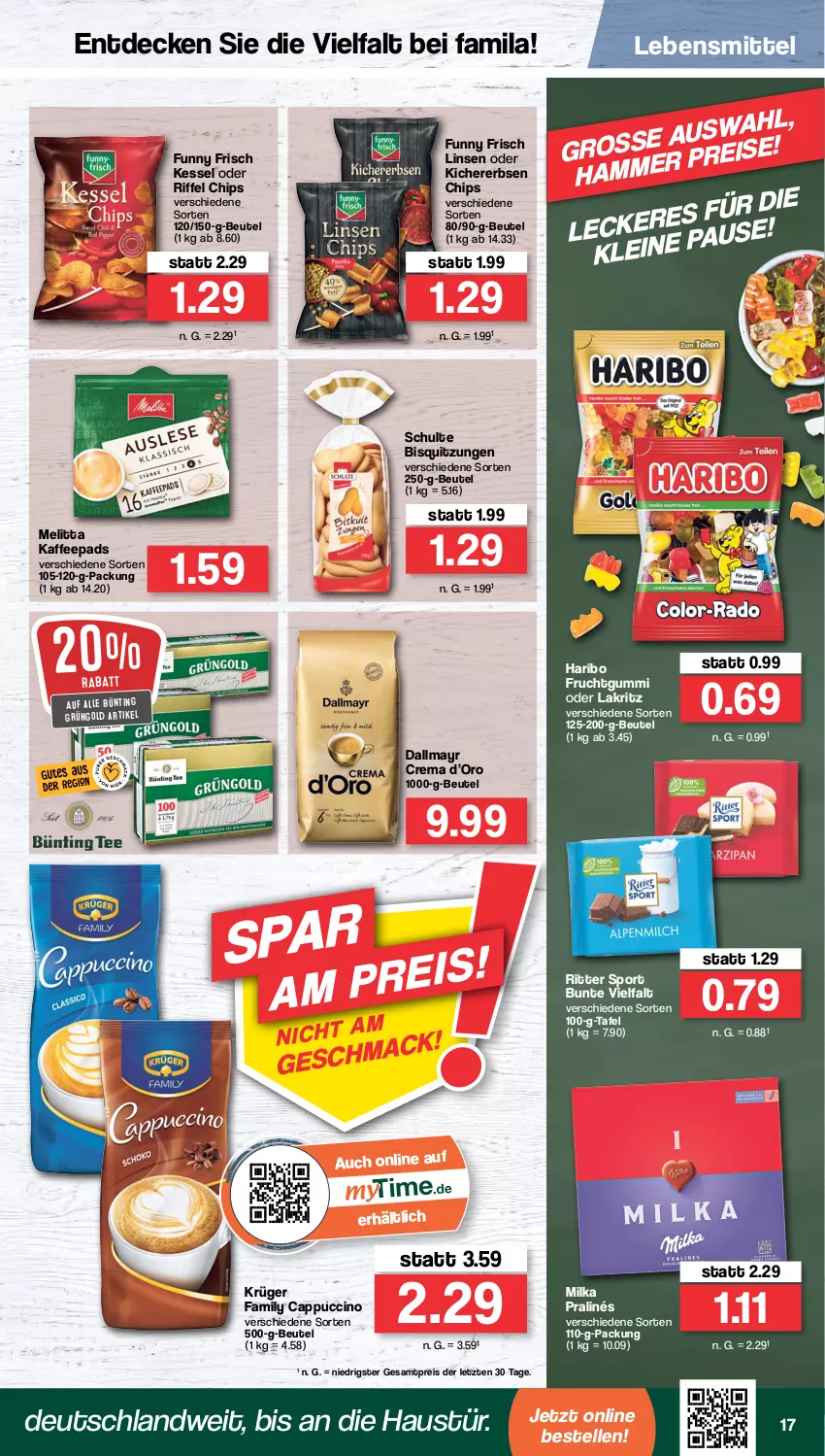 Aktueller Prospekt Famila - Prospekte - von 22.08 bis 27.08.2022 - strona 17 - produkty: aust, beutel, Cap, cappuccino, chips, cin, dallmayr, decke, eis, elle, erbsen, frucht, fruchtgummi, Funny Frisch, haribo, kaffee, kaffeepads, kichererbsen, Kichererbsen Chips, krüger, Lakritz, lebensmittel, linsen, melitta, milka, oder lakritz, reis, ritter, ritter sport, Sport, Ti, ZTE