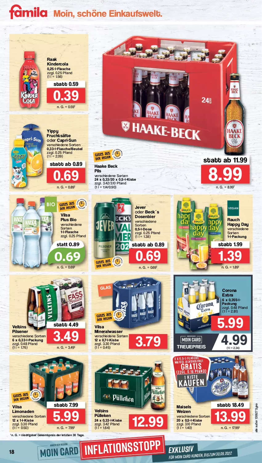 Aktueller Prospekt Famila - Prospekte - von 22.08 bis 27.08.2022 - strona 18 - produkty: alkohol, Alwa, beutel, bier, bio, Cap, capri-sun, cola, corona, corona extra, eis, flasche, frucht, fruchtsäfte, Happy Day, jever, Kinder, limo, limonade, limonaden, mais, mineralwasser, pils, pilsener, Rauch, reis, säfte, Ti, veltins, veltins pilsener, vilsa, wasser, ZTE