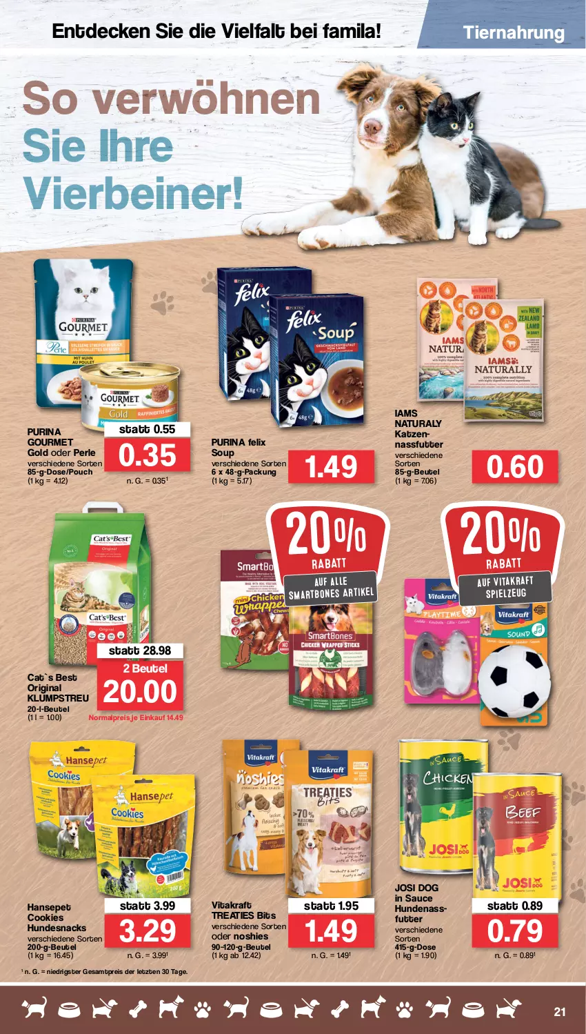 Aktueller Prospekt Famila - Prospekte - von 22.08 bis 27.08.2022 - strona 21 - produkty: beutel, cookie, cookies, decke, eis, felix, gin, gourmet gold, hundesnack, hundesnacks, klumpstreu, kraft, nassfutter, natur, natura, purina, reis, sauce, snack, snacks, spielzeug, Ti, tiernahrung, vita, vitakraft, ZTE