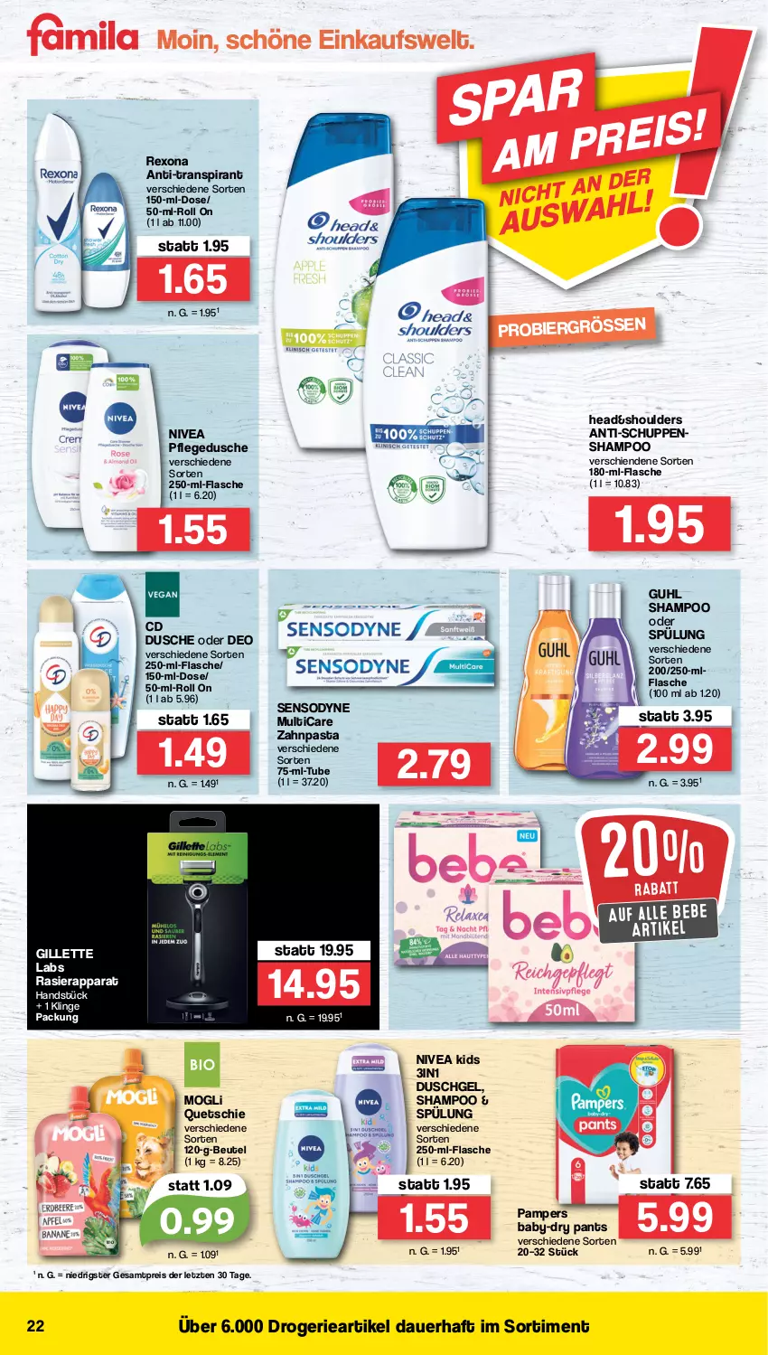 Aktueller Prospekt Famila - Prospekte - von 22.08 bis 27.08.2022 - strona 22 - produkty: auer, baby-dry, Bebe, beutel, bier, deo, dusche, duschgel, eis, flasche, gillette, Guhl, nivea, pampers, Pants, pasta, pflegedusche, rasierapparat, reis, rexona, sensodyne, shampoo, shampoo oder spülung, spülung, Ti, zahnpasta, ZTE