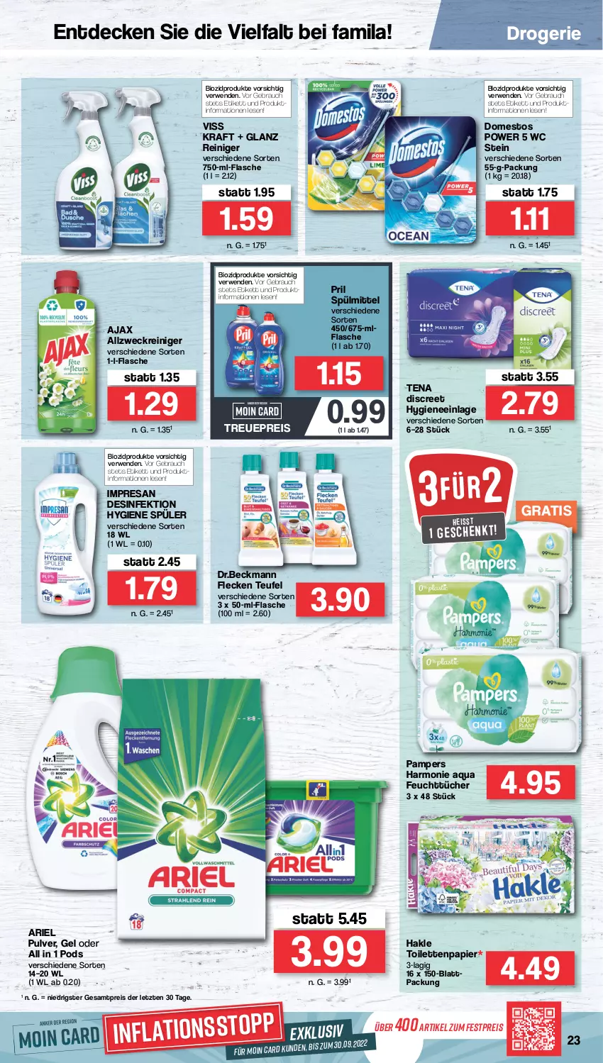 Aktueller Prospekt Famila - Prospekte - von 22.08 bis 27.08.2022 - strona 23 - produkty: ajax, allzweckreiniger, aqua, ariel, bio, biozidprodukte, decke, Desinfektion, Discreet, domestos, eis, feuchttücher, flasche, hakle, hakle toilettenpapier, kraft, pampers, papier, Pods, pril, Rauch, reiniger, reis, resa, rwe, spülmittel, Ti, toilettenpapier, tücher, weck, ZTE