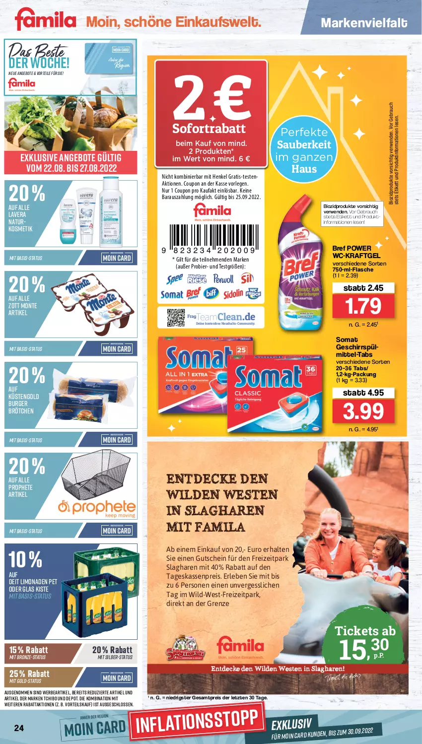 Aktueller Prospekt Famila - Prospekte - von 22.08 bis 27.08.2022 - strona 24 - produkty: angebot, angebote, aust, bier, bio, biozidprodukte, Bref, bref power, brötchen, burger, coupon, decke, deit, eis, flasche, geschirr, gutschein, henkel, kosmetik, kraft, küstengold, lavera, limo, limonade, limonaden, monte, natur, naturkosmetik, prophete, Rauch, reis, rwe, sofortrabatt, somat, Tchibo, Ti, Weste, Wild, zott, Zott Monte, ZTE