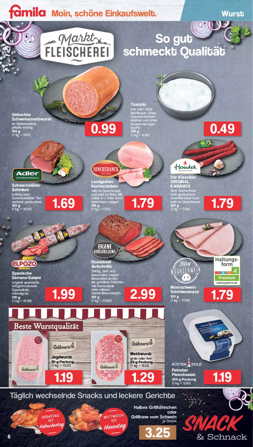 Aktueller Prospekt Famila - Prospekte - von 22.08 bis 27.08.2022 - strona 6 - produkty: aufschnitt, axe, beef, buch, eis, fleisch, fleischsalat, gelee, gin, grill, grillhähnchen, grillhaxe, Haxe, Holz, jagdwurst, kabanos, kochschinken, Kraut, LG, mac, Mantel, meerrettich, Mett, mettwurst, remoulade, Rettich, roastbeef, saft, sahne, salami, salat, schinken, schinkenwurst, schwarzwälder schinken, schwein, schweine, schweinemett, serrano, snack, snacks, Spezi, Ti, tzatziki, wein, weine, wurst