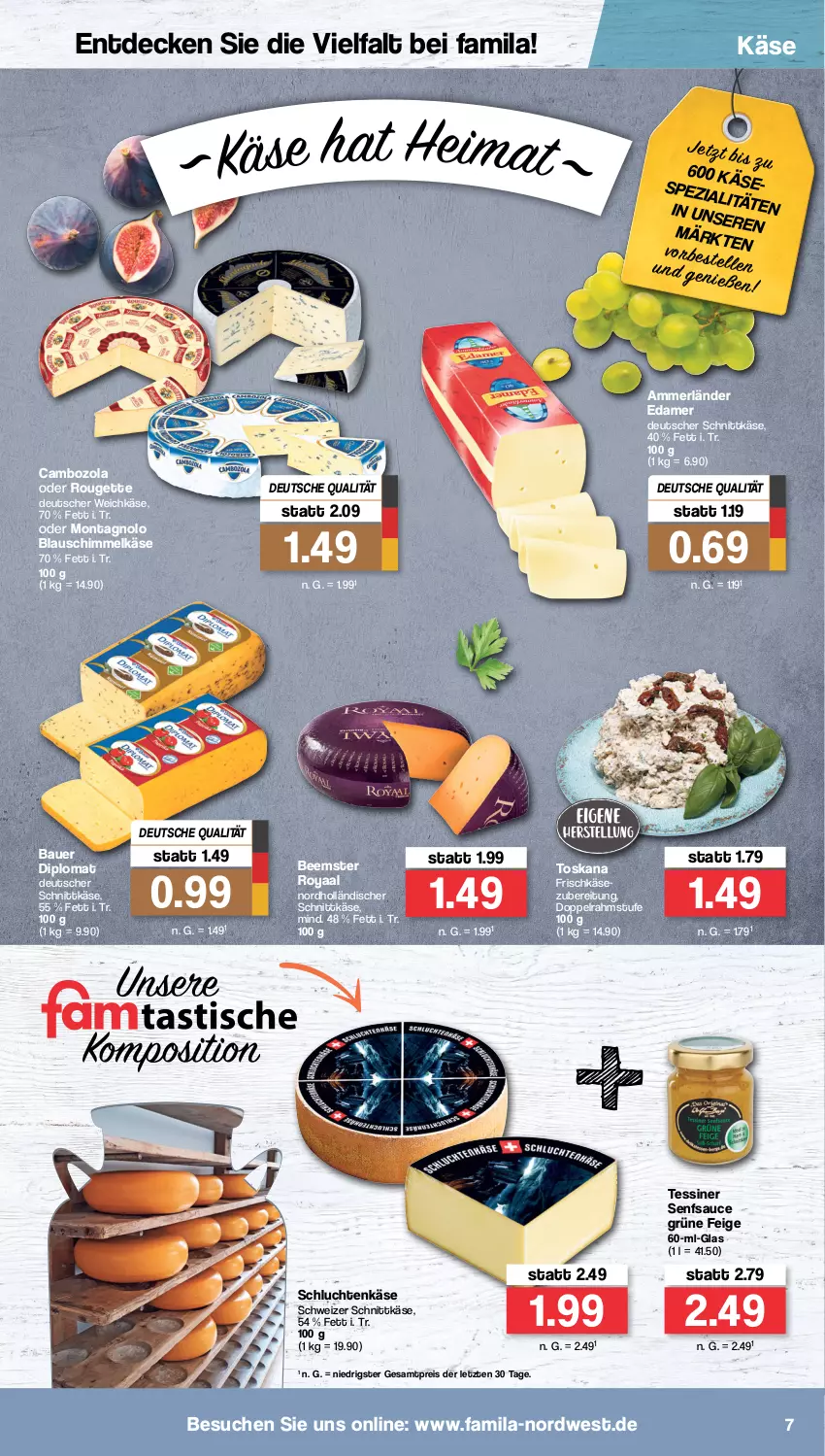 Aktueller Prospekt Famila - Prospekte - von 22.08 bis 27.08.2022 - strona 7 - produkty: ammerländer, auer, Bau, Bauer, Beemster, cambozola, decke, deutscher schnittkäse, deutscher weichkäse, dip, doppelrahmstufe, edamer, eis, frischkäse, holländischer schnittkäse, Käse, merl, reis, rouge, rougette, sauce, schnittkäse, schweizer schnittkäse, senf, Spezi, weichkäse, ZTE