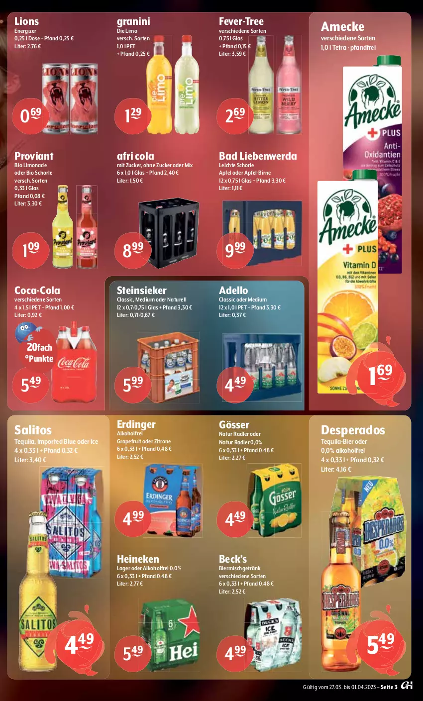 Aktueller Prospekt Getraenke Hoffmann - Prospekte - von 27.03 bis 01.04.2023 - strona 3 - produkty: Afri Cola, alkohol, amecke, apfel, Bad, Bad Liebenwerda, beere, beeren, bier, bio, bio limo, chips, coca-cola, cola, crunchips, dell, desperados, drink, drinks, ecco, eis, eiswürfel, elle, energizer, ente, erdinger, fever-tree, getränk, gösser, gracioso, grana, granatapfel, granini, grapefruit, heineken, hugo, kokos, lillet, limo, limonade, lion, lorenz, Malibu, mionetto, natur, natur radler, nero, primitivo, prosecco, Proviant, puma, radler, Rana, rel, rosato, rum, schorle, spumante, Steinsieker, tequila, Ti, Tüte, Wild, wild berry, würfel, zitrone, zucker