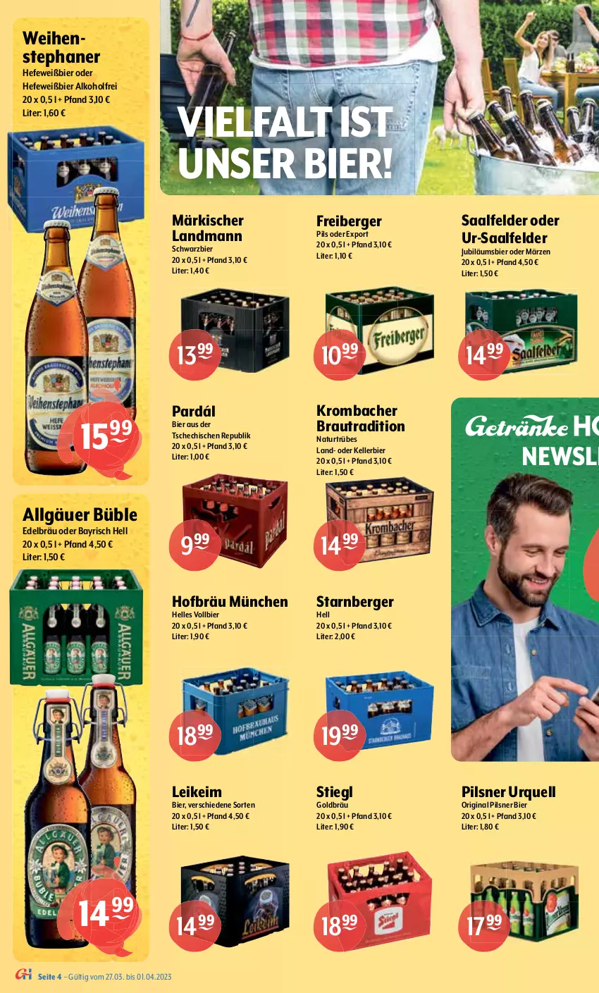 Aktueller Prospekt Getraenke Hoffmann - Prospekte - von 27.03 bis 01.04.2023 - strona 4 - produkty: Aldersbacher, alkohol, angebot, Berger, bier, eis, elle, Freiberger, getränk, gin, Hefe, holsten, jever, Jubiläums, kellerbier, Kozel, krombache, krombacher, krombacher pils, LG, natur, pils, pilsener, pilsner, pilsner urquell, Saalfelder, schöfferhofer, Schultheiss, Stiegl, Ti, weihenstephan