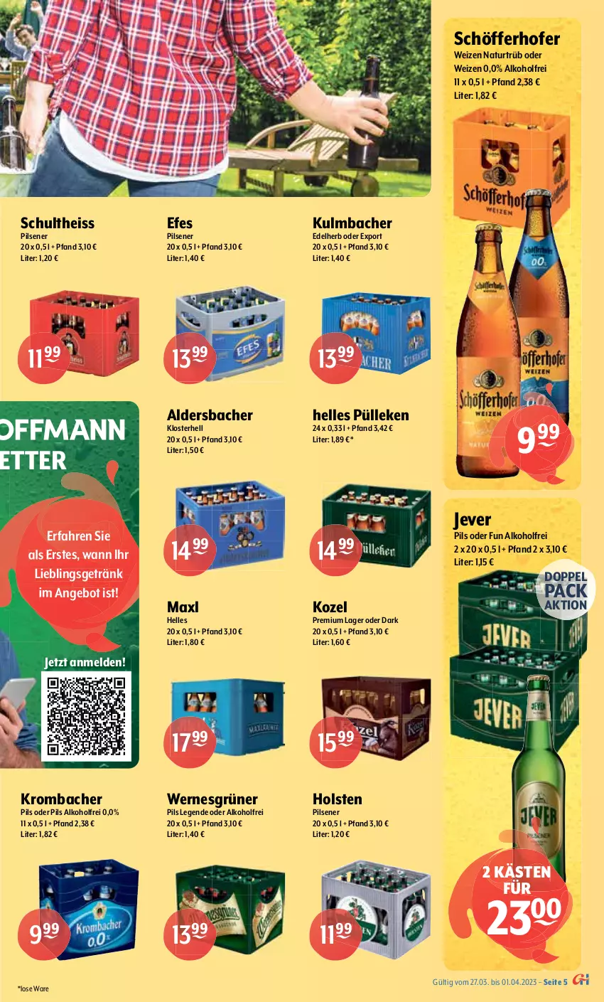 Aktueller Prospekt Getraenke Hoffmann - Prospekte - von 27.03 bis 01.04.2023 - strona 5 - produkty: Aldersbacher, alkohol, angebot, Berger, bier, eis, elle, Freiberger, getränk, gin, Hefe, holsten, jever, Jubiläums, kellerbier, Kozel, krombache, krombacher, krombacher pils, LG, natur, pils, pilsener, pilsner, pilsner urquell, Saalfelder, schöfferhofer, Schultheiss, Stiegl, Ti, weihenstephan