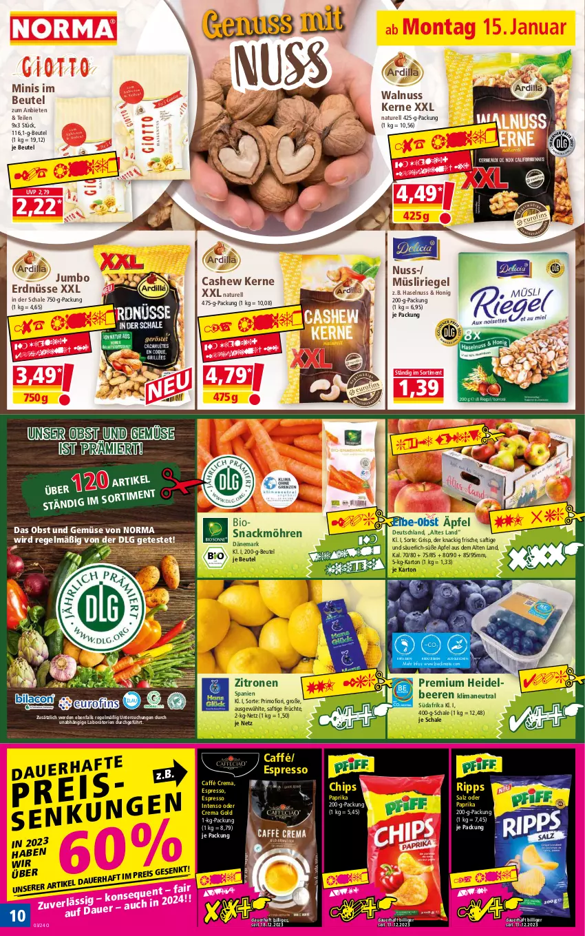 Aktueller Prospekt Norma - Norma - von 15.01 bis 22.01.2024 - strona 10 - produkty: apfel, auer, beere, beeren, beutel, bio, Cashew, chips, eis, erde, erdnüsse, espresso, früchte, haselnuss, heidelbeere, heidelbeeren, honig, intenso, jumbo, LG, möhren, müsli, natur, nuss, obst, Obst und Gemüse, paprika, reis, rel, riegel, saft, salz, Schal, Schale, snack, Ti, tiefpreis, und gemüse, walnuss, Walnuss Kerne, zitrone, zitronen