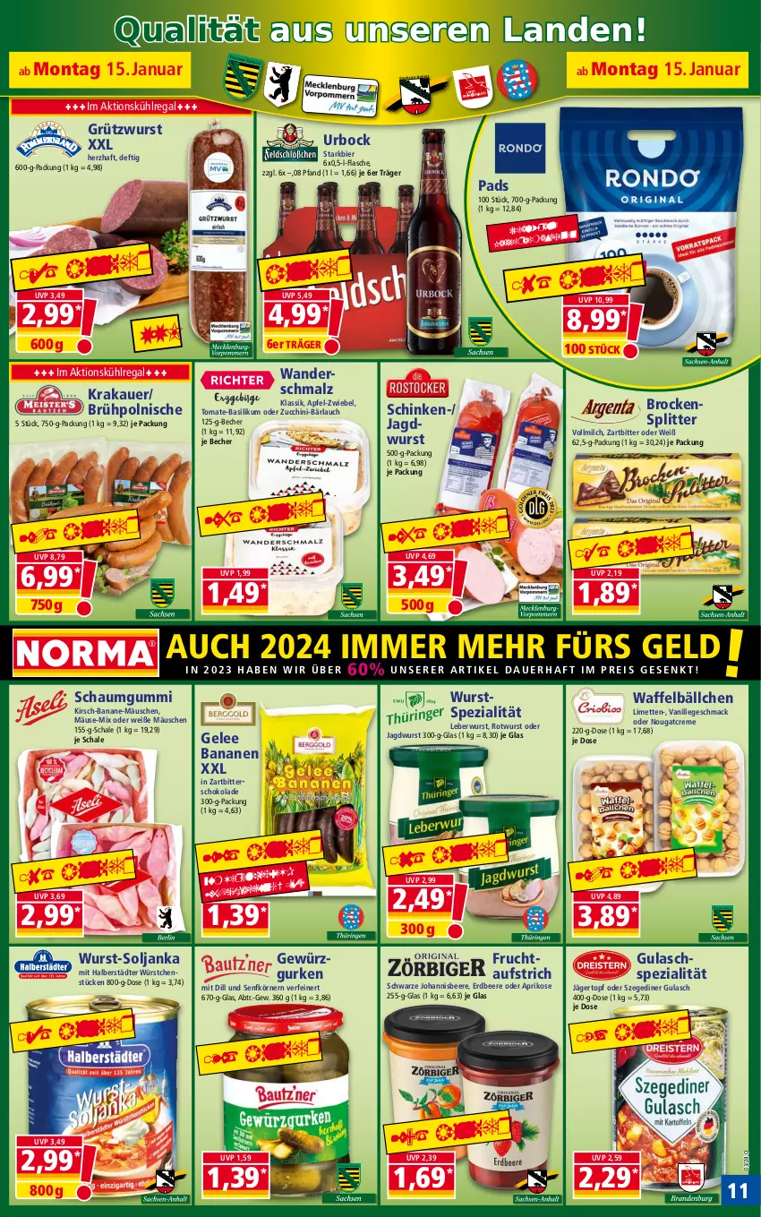 Aktueller Prospekt Norma - Norma - von 15.01 bis 22.01.2024 - strona 11 - produkty: apfel, aprikose, auer, aufstrich, banane, bananen, basilikum, Becher, beere, bier, Brock, creme, eis, erdbeere, flasche, frucht, gelee, gewürz, Gewürzgurke, gewürzgurken, gulasch, gurke, gurken, HP, jagdwurst, johannisbeere, kaffee, kirsch, krakauer, kühlregal, leberwurst, limette, limetten, mac, malz, Mett, metten, milch, Nougatcreme, regal, reis, Rotwurst, Schal, Schale, schinken, Schmalz, schoko, schokolade, senf, Spezi, Ti, tomate, tomate-basilikum, topf, vanille, vollmilch, wurst, würstchen, zucchini, zwiebel