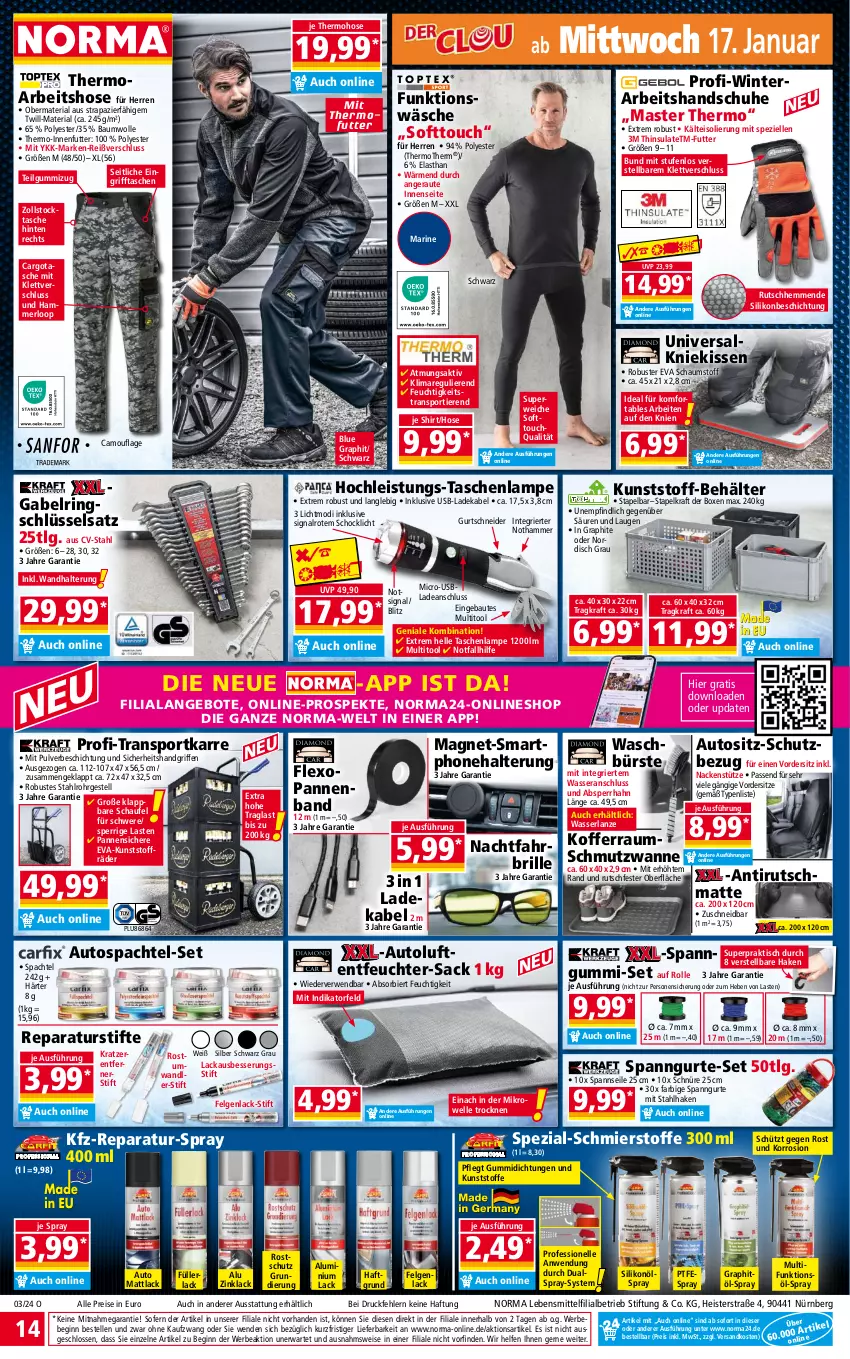 Aktueller Prospekt Norma - Norma - von 15.01 bis 22.01.2024 - strona 14 - produkty: angebot, angebote, auto, Bau, baumwolle, Bebe, Behälter, bier, Brille, bürste, deka, eis, elle, felgen, gabel, gin, handschuhe, hose, kissen, Kniekissen, koffer, kraft, lack, ladekabel, Lampe, lebensmittel, LG, merl, mikrowelle, ndk, reis, Ria, ring, Ringschlüsselsatz, rwe, sac, schuhe, shirt, Signal, smartphone, spachtel, Spezi, Sport, stifte, Tasche, taschen, taschenlampe, Ti, Tiere, tisch, transportkarre, usb, wandhalterung, Wanne, wasser, wolle