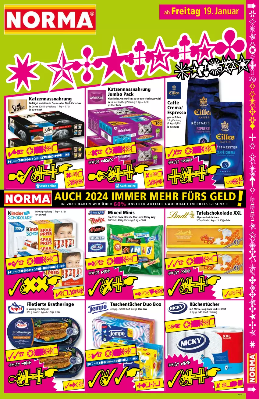 Aktueller Prospekt Norma - Norma - von 15.01 bis 22.01.2024 - strona 15 - produkty: auer, beutel, bohne, bounty, Bratheringe, caffè crema, eis, espresso, filet, Filetierte Bratheringe, fisch, Geflügel, gelee, hering, jumbo, küche, Küchen, küchentücher, mars, milch, milky way, Nassnahrung, nuss, reis, Ria, ring, sauce, schoko, schokolade, snickers, tafelschokolade, Tasche, taschen, taschentücher, Ti, tücher, twix, vollmilch