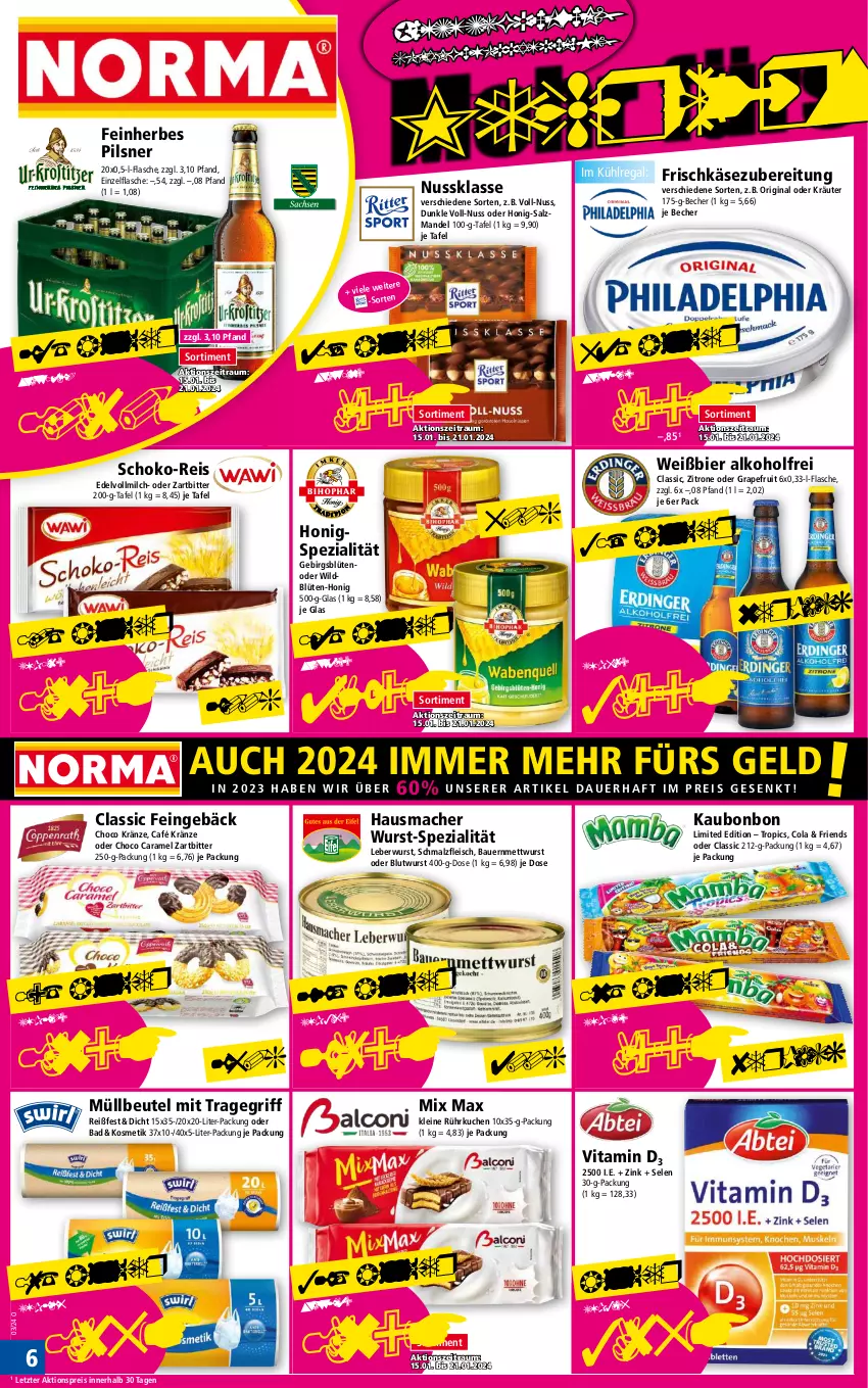 Aktueller Prospekt Norma - Norma - von 15.01 bis 22.01.2024 - strona 6 - produkty: aktionspreis, alkohol, auer, Bad, Bau, Bauer, Becher, beutel, bier, Blüte, caramel, cola, eis, flasche, fleisch, frischkäse, frischkäsezubereitung, gin, grapefruit, Hausmacher, honig, Käse, kosmetik, kräuter, kuchen, kühlregal, leberwurst, leine, mac, malz, mandel, Mett, mettwurst, milch, müllbeutel, nuss, oder kräuter, pils, pilsner, regal, reis, salz, Schmalz, schoko, Spezi, Ti, tragegriff, vita, Vitamin D, vollmilch, Wild, wurst, zitrone, ZTE