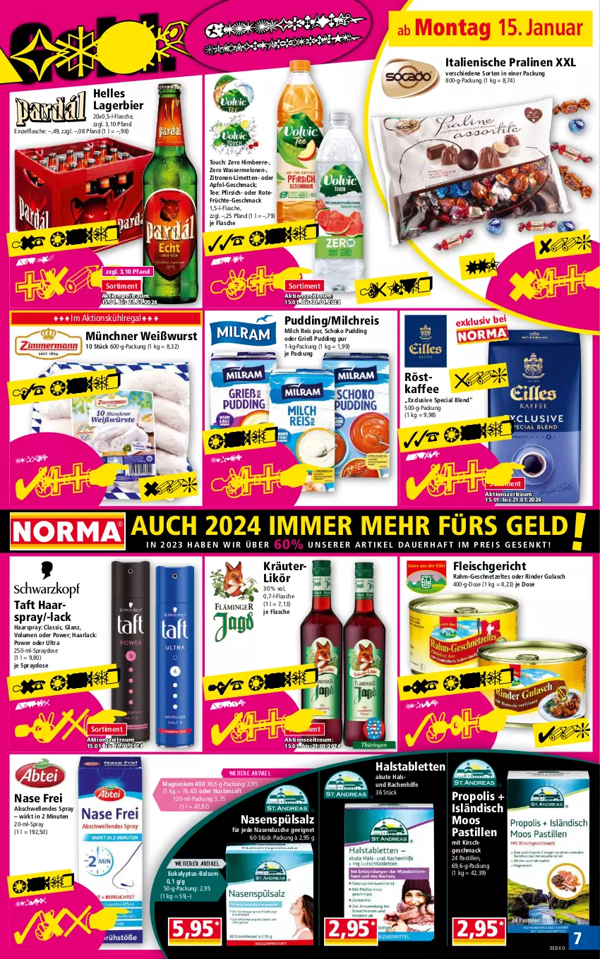 Aktueller Prospekt Norma - Norma - von 15.01 bis 22.01.2024 - strona 7 - produkty: apfel, arla, asti, auer, balsam, beere, bier, dusche, eis, elle, flasche, fleisch, früchte, geschnetzeltes, gulasch, Haarlack, haarspray, himbeer, himbeere, kaffee, kirsch, kräuter, kräuterlikör, kühlregal, lack, Lagerbier, likör, limette, limetten, mac, magnesium, magnesium 400, melone, melonen, Mett, metten, milch, milchreis, Nasendusche, pfirsich, pralinen, Propolis, pudding, regal, reis, rind, rinder, röstkaffee, saft, salz, schoko, tablet, tablett, Tablette, Taft, tee, Ti, wasser, wassermelone, wassermelonen, Weißwurst, wurst, Zelt, zitrone, zitronen