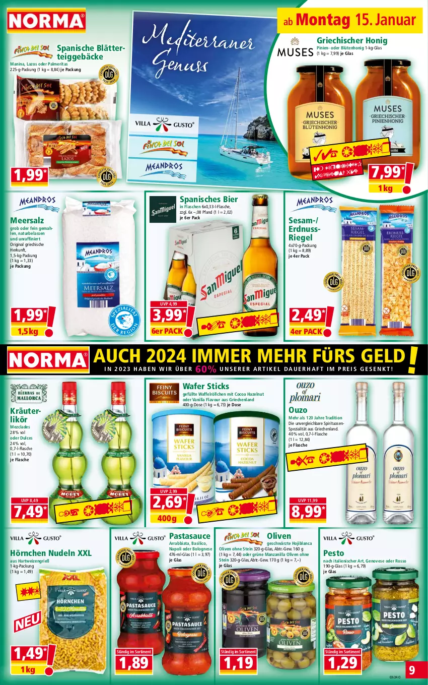 Aktueller Prospekt Norma - Norma - von 15.01 bis 22.01.2024 - strona 9 - produkty: arrabbiata, auer, basilico, bier, blätterteig, blätterteiggebäck, Blüte, blütenhonig, bolognese, eis, erdnuss, flasche, genovese, gin, hartweizen, honig, hörnchen, kräuter, kräuterlikör, likör, meersalz, natur, nudel, nudeln, nuss, nussriegel, olive, oliven, ouzo, pasta, pesto, reis, riegel, salz, sauce, sesam, Spezi, spirituosen, Ti, Waffelröllchen, ZTE