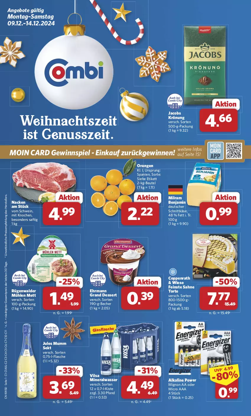 Aktueller Prospekt Combi - Prospekte - von 09.12 bis 14.12.2024 - strona 1 - produkty: Alwa, angebot, angebote, Becher, beutel, coppenrath, dessert, deutscher schnittkäse, ehrmann, Ehrmann Grand Dessert, eis, elle, flasche, gewinnspiel, glasflasche, jacobs, jacobs krönung, jules mumm, Käse, Mett, milram, mineralwasser, mumm, nuss, orange, orangen, reis, rügenwalder, rügenwalder mühle, saft, sahne, schnittkäse, schwein, sekt, teller, Ti, torte, vilsa, wasser, wein, ZTE