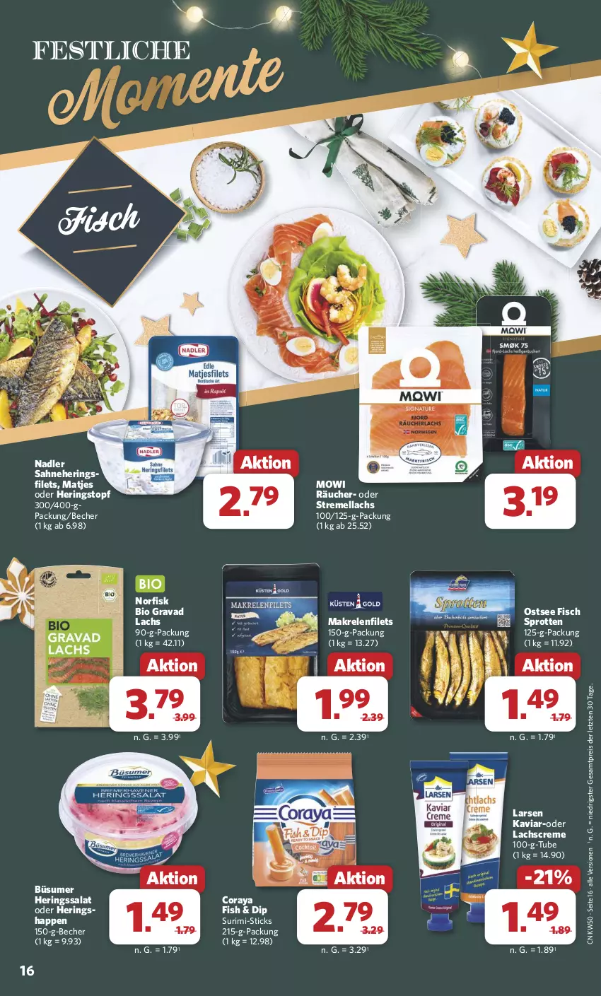 Aktueller Prospekt Combi - Prospekte - von 09.12 bis 14.12.2024 - strona 16 - produkty: Becher, bio, creme, dip, eis, filet, filets, fisch, hering, Herings, lachs, Makrele, Makrelenfilets, matjes, nadler, reis, rel, ring, sahne, salat, Sprotten, Ti, topf, ZTE