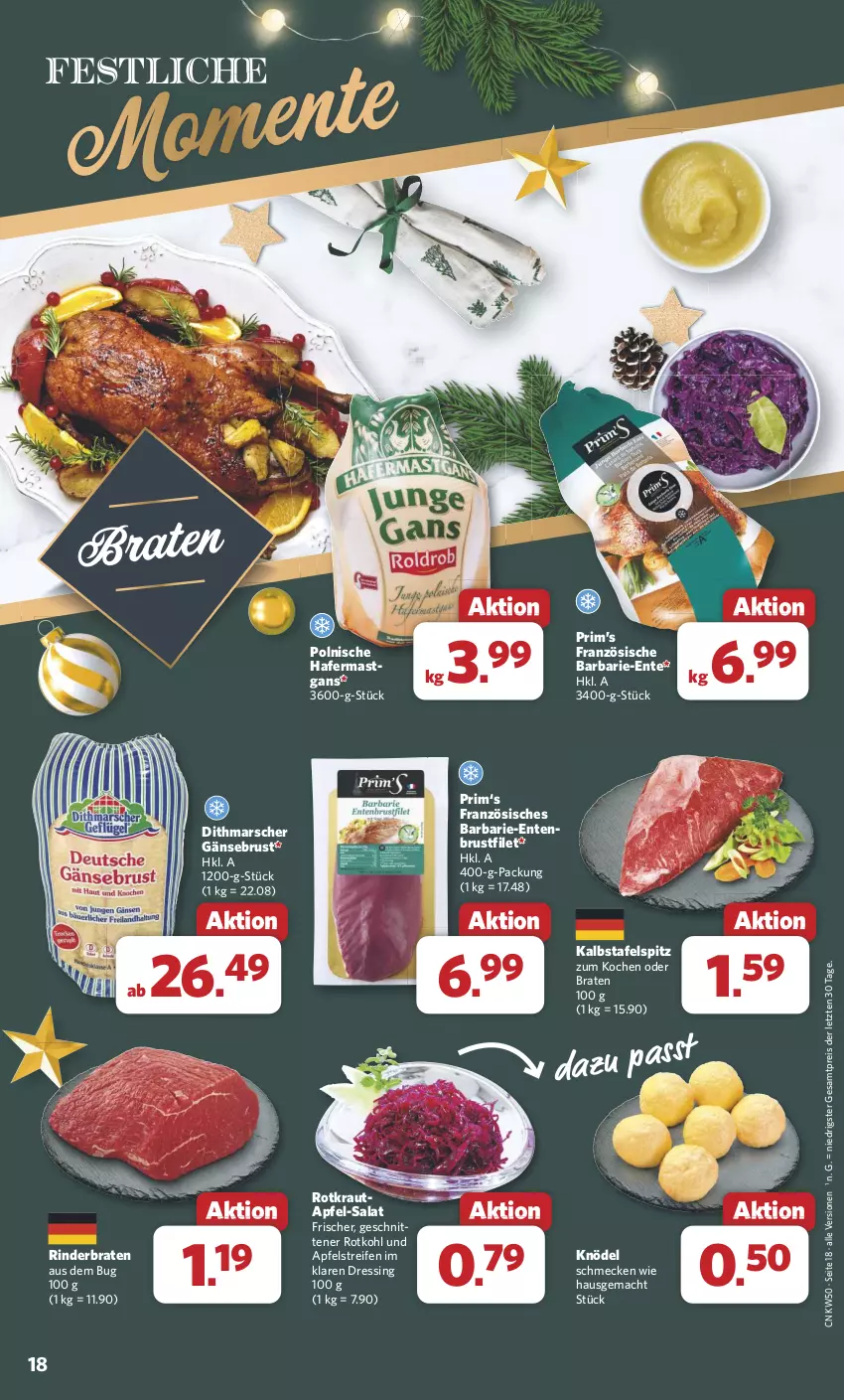 Aktueller Prospekt Combi - Prospekte - von 09.12 bis 14.12.2024 - strona 18 - produkty: apfel, braten, brustfilet, dressing, eis, ente, Entenbrust, filet, Gänsebrust, hafer, Knödel, Kraut, mac, mars, reifen, reis, rind, rinder, rinderbraten, rotkohl, salat, schnitten, tafelspitz, Ti, ZTE