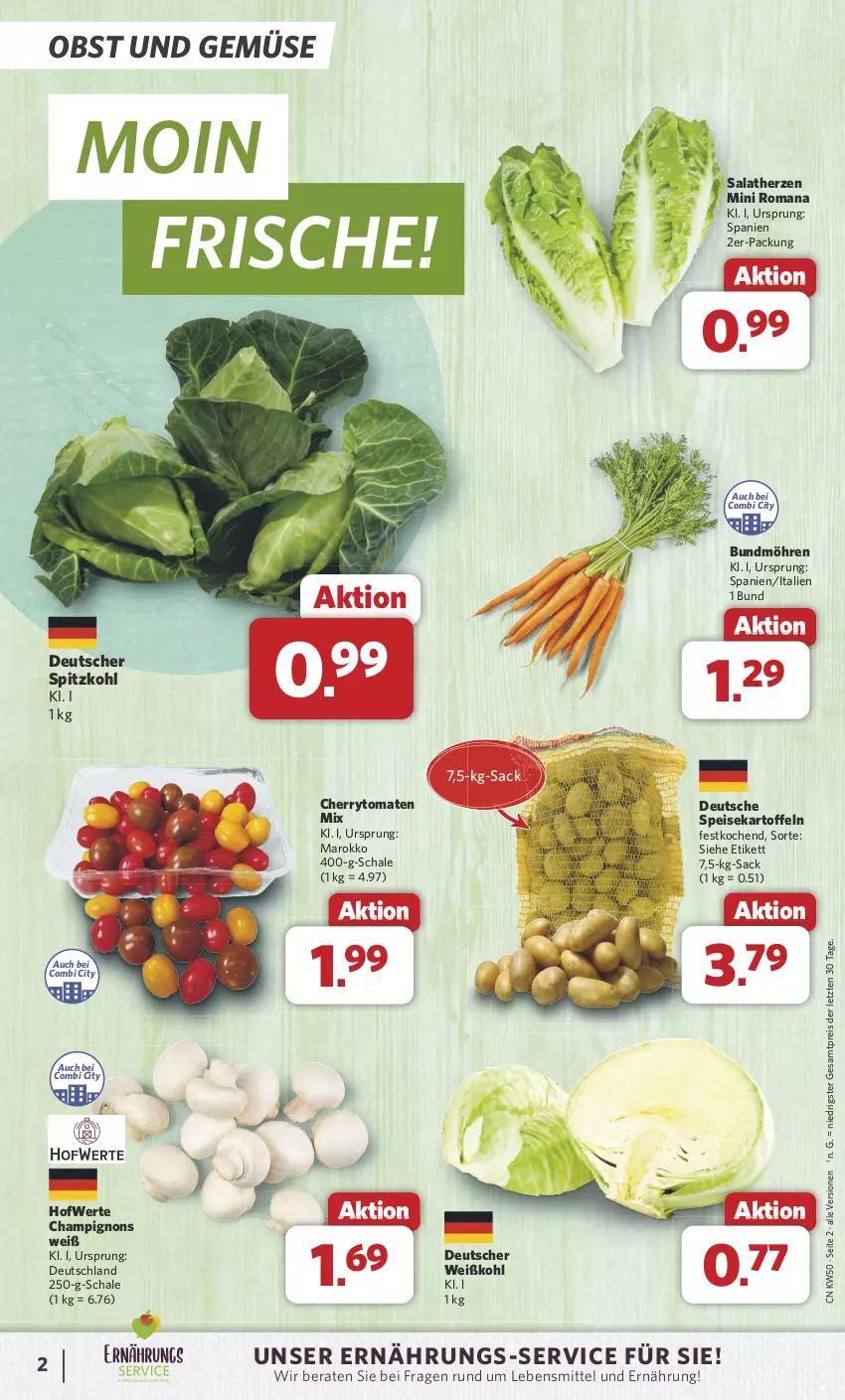 Aktueller Prospekt Combi - Prospekte - von 09.12 bis 14.12.2024 - strona 2 - produkty: Bundmöhren, champignon, champignons, cherrytomaten, eis, kartoffel, kartoffeln, lebensmittel, möhren, obst, Obst und Gemüse, reis, sac, salat, salatherzen, Schal, Schale, speisekartoffeln, spitzkohl, Ti, tomate, tomaten, und gemüse, Weißkohl, ZTE