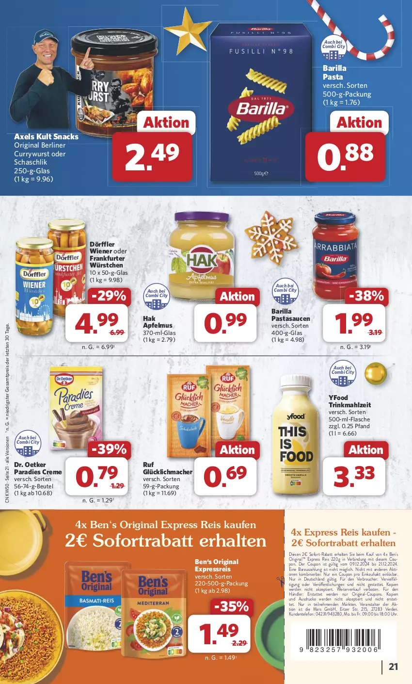 Aktueller Prospekt Combi - Prospekte - von 09.12 bis 14.12.2024 - strona 21 - produkty: apfel, apfelmus, axe, barilla, Ben’s Original, berliner, beutel, coupon, coupons, creme, curry, currywurst, Dr. Oetker, eis, ente, erde, flasche, frankfurter, gin, mac, mars, Paradies Creme, pasta, Rauch, reis, sauce, saucen, snack, snacks, sofort-rabatt, sofortrabatt, telefon, Ti, uhr, wiener, wurst, würstchen, ZTE