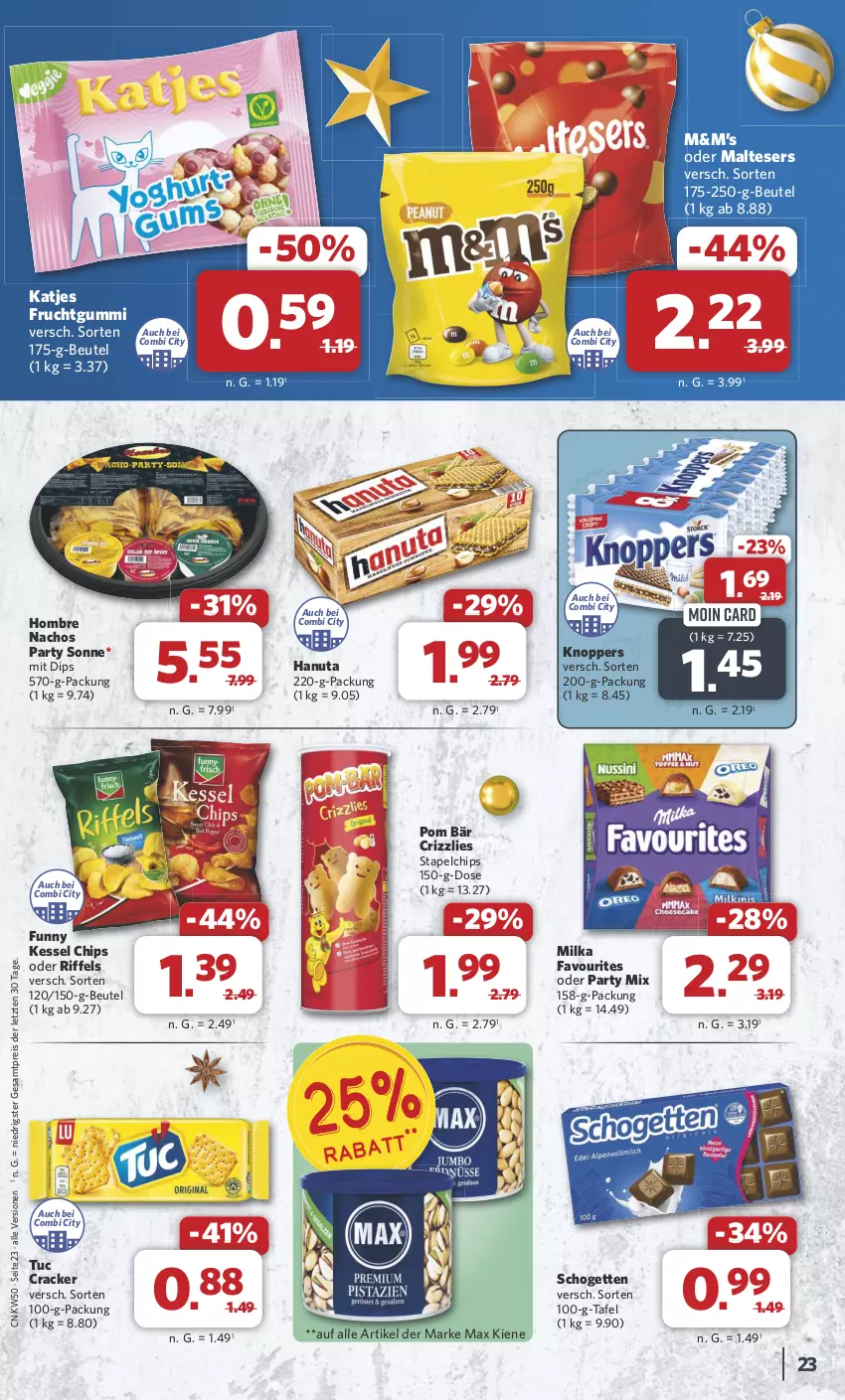 Aktueller Prospekt Combi - Prospekte - von 09.12 bis 14.12.2024 - strona 23 - produkty: beutel, chips, cracker, dip, eis, frucht, fruchtgummi, hanuta, katjes, knoppers, malteser, milka, nacho, Nachos, reis, schogetten, Ti, tuc, ZTE