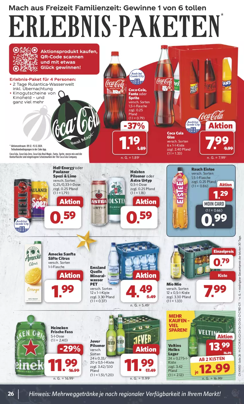 Aktueller Prospekt Combi - Prospekte - von 09.12 bis 14.12.2024 - strona 26 - produkty: Alwa, amecke, Astra, citrus, coca-cola, cola, eis, eistee, elle, fanta, fanta oder, fanta oder sprite, flasche, getränk, getränke, heineken, holsten, holsten pilsener, jever, jever pilsener, limo, mineralwasser, Mio Mio, oder sprite, Paula, paulaner, pils, pilsener, Rauch, reis, rwe, säfte, Spezi, sprite, tee, Ti, urtyp, veltins, wasser, ZTE