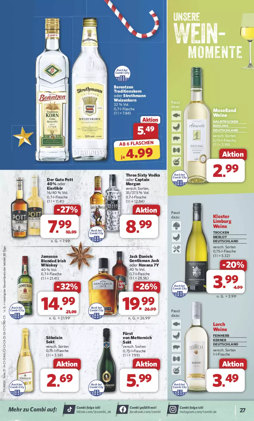 Aktueller Prospekt Combi - Prospekte - von 09.12 bis 14.12.2024 - strona 27 - produkty: berentzen, Cap, captain morgan, eier, eierlikör, eis, ente, flasche, fürst von metternich, irish whiskey, jack daniel, jack daniels, jameson, korn, LG, likör, merl, merlot, Mett, metternich, moselland, reis, riesling, sekt, söhnlein, Three Sixty, Ti, vodka, wein, weine, weizenkorn, whiskey, ZTE