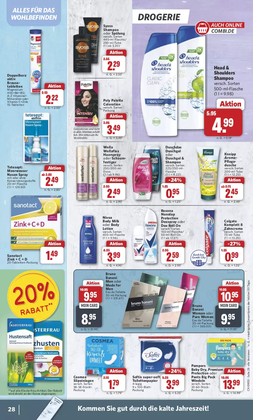 Aktueller Prospekt Combi - Prospekte - von 09.12 bis 14.12.2024 - strona 28 - produkty: body, body lotion, body milk, brause, bruno banani, colgate, Colorationen, cosmea, creme, deo, deospray, doppelherz, duschdas, dusche, duschgel, eau de toilette, eis, flasche, haarspray, kneipp, LG, Lotion, magnesium, magnesium 400, Meerwasser, nivea, Palette, pampers, pampers baby dry, Pants, papier, reis, rexona, shampoo, shampoo oder spülung, slip, slipeinlagen, spülung, syoss, tablet, tablett, Tablette, Ti, toilettenpapier, vita, Vitamin C, Vitamine, wasser, Wella, wellaflex, windeln, Yo, zahncreme, ZTE