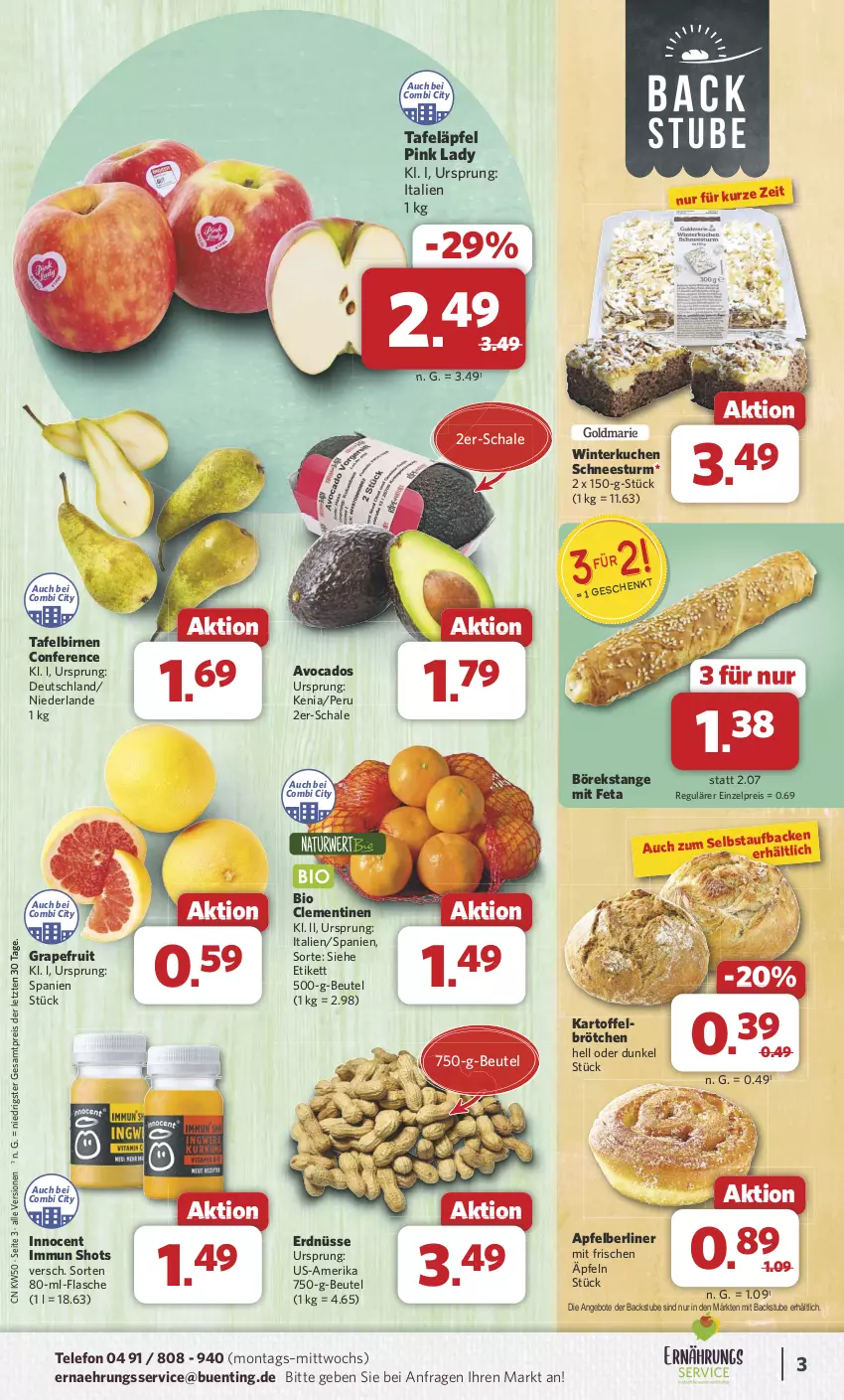 Aktueller Prospekt Combi - Prospekte - von 09.12 bis 14.12.2024 - strona 3 - produkty: angebot, angebote, apfel, avocado, avocados, berliner, beutel, bio, Birnen, brötchen, clementinen, eis, erdnüsse, feta, flasche, grapefruit, Innocent, kartoffel, kuchen, Pink Lady, reis, Schal, Schale, stube, tafeläpfel, tafelbirnen, telefon, Ti, ZTE