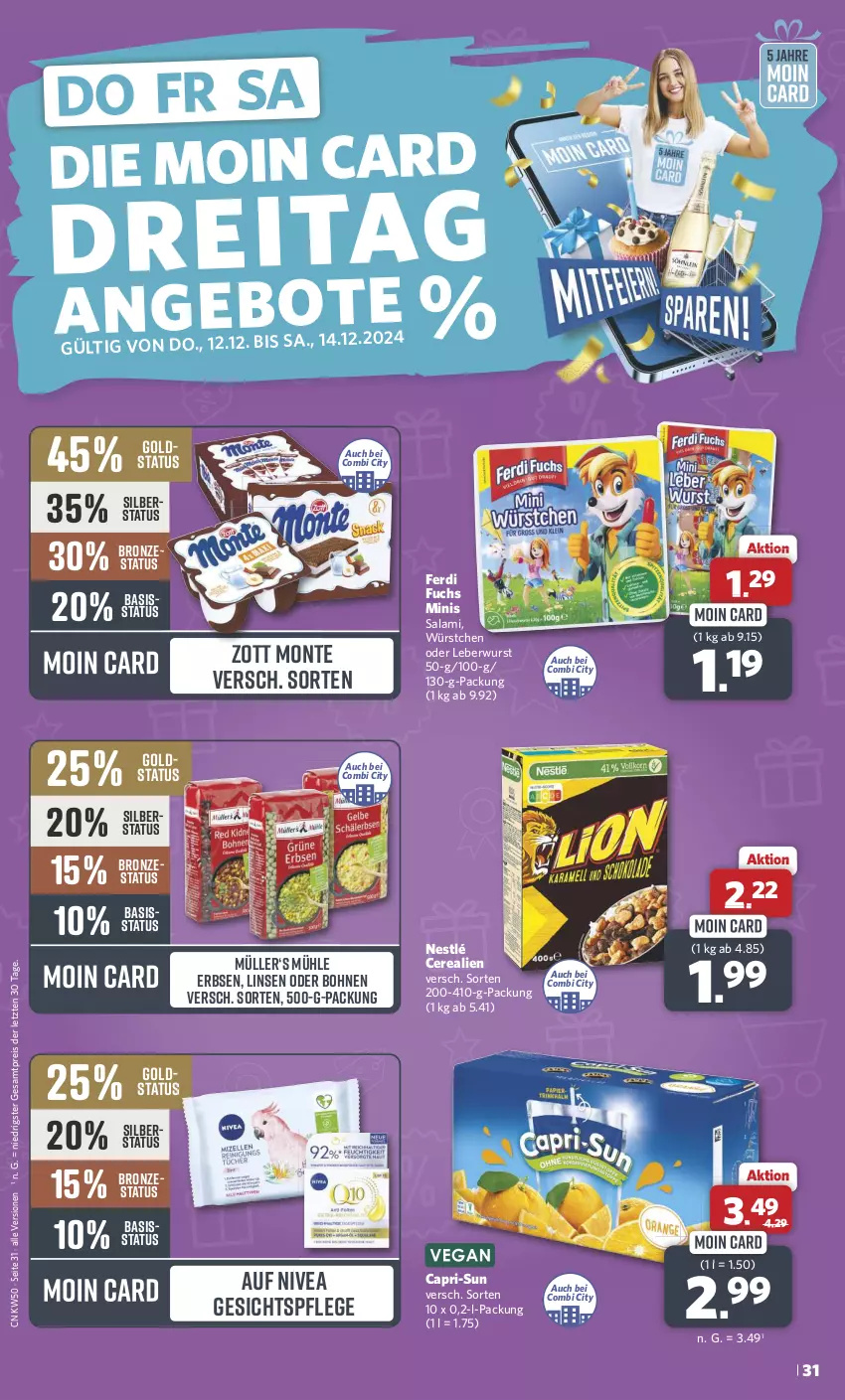 Aktueller Prospekt Combi - Prospekte - von 09.12 bis 14.12.2024 - strona 31 - produkty: bohne, bohnen, Cap, capri-sun, cerealien, eis, erbsen, ferdi fuchs, gesichtspflege, leberwurst, linsen, monte, Müller, nestlé, nivea, reis, salami, Ti, wurst, würstchen, zott, Zott Monte, ZTE