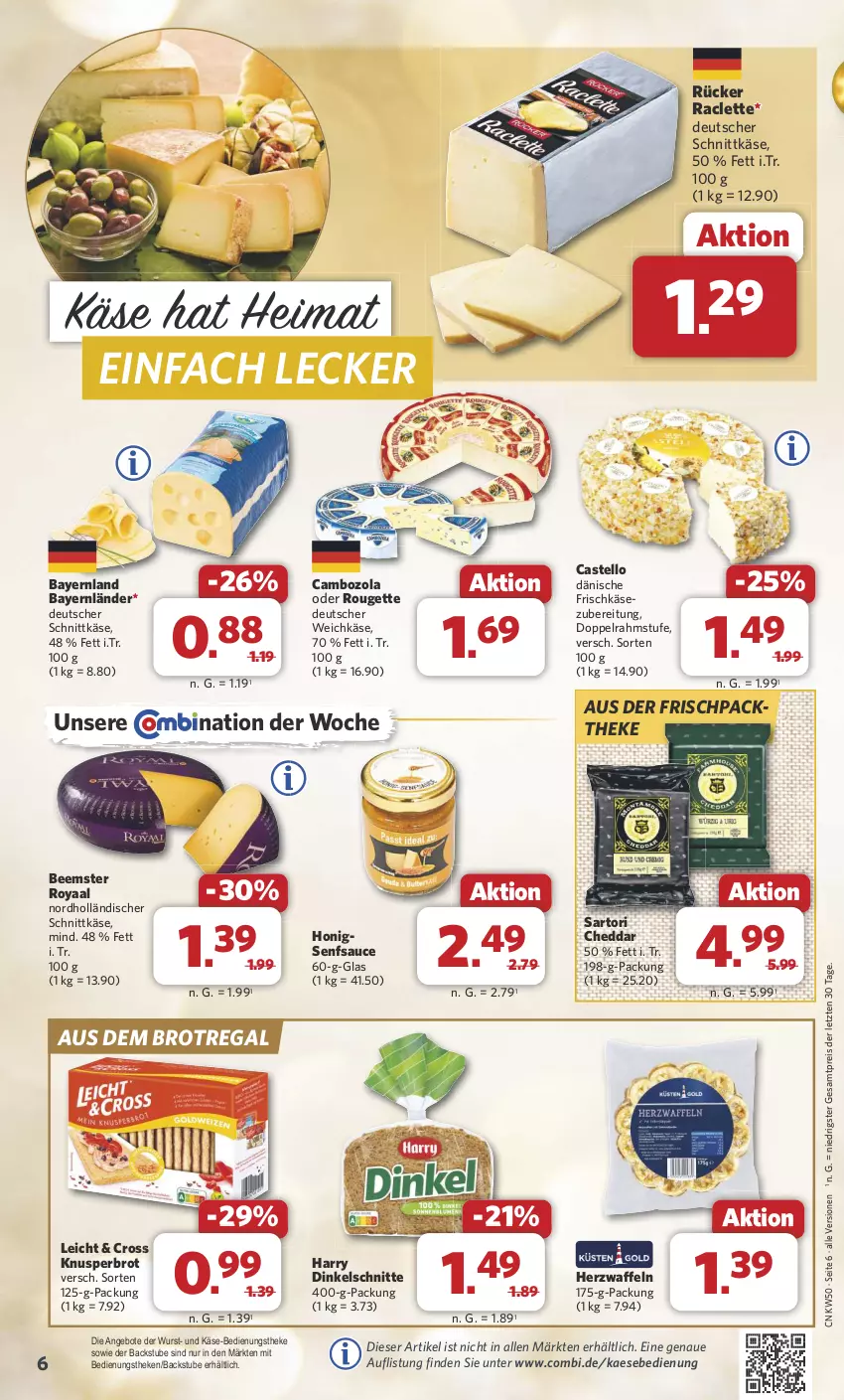 Aktueller Prospekt Combi - Prospekte - von 09.12 bis 14.12.2024 - strona 6 - produkty: angebot, angebote, Beemster, brot, cambozola, cheddar, deutscher schnittkäse, deutscher weichkäse, doppelrahmstufe, eis, frischkäse, frischkäsezubereitung, holländischer schnittkäse, honig, HP, kaes, Käse, regal, reis, rouge, rougette, sauce, schnittkäse, senf, stube, Ti, waffeln, weichkäse, wurst, ZTE