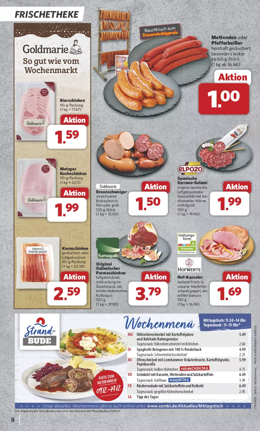 Aktueller Prospekt Combi - Prospekte - von 09.12 bis 14.12.2024 - strona 8 - produkty: angebot, angebote, auer, aufstrich, axe, bier, bierschinken, bolognese, braun, brot, brotaufstrich, brötchen, eis, elle, fleisch, Fleischerei, Gegrillte Hähnchenschenkel, gin, grill, grillhaxe, hähnchenschenkel, Hähnchenschnitzel, Haxe, henkel, kartoffel, kartoffeln, Kartoffelpüree, kasseler, kernschinken, kochschinken, kohlrabi, kräuter, lachs, Laufen, leerdammer, LG, mac, Mett, metten, Mettenden, nuss, Ofen, paprika, parmaschinken, pfeffer, Pfefferbeißer, püree, Rahmgemüse, Rauch, rind, rinder, Rinderroulade, rotkohl, salami, salz, schenkel, Schere, schinken, schnitzel, schwein, schweine, Schweinelachs, serrano, snack, Soße, spaghetti, spaghetti bolognese, Spezi, Streichzart, Ti, tisch, uhr, wein, weine