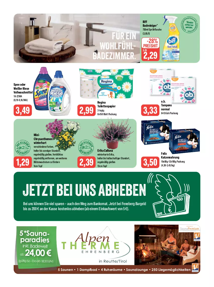 Aktueller Prospekt Feneberg - Prospekte - von 14.09 bis 16.09.2023 - strona 14 - produkty: Bad, Bank, biff, bio, Blüte, chrysanthemen, eis, elle, felix, flasche, gin, katzennahrung, LG, Liege, O.b., papier, Rauch, reiniger, reis, rwe, spee, sprühflasche, Tampon, tampons, Ti, toilettenpapier, topf, uhr, vollwaschmittel, waschmittel