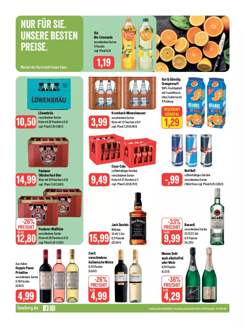 Aktueller Prospekt Feneberg - Prospekte - von 14.09 bis 16.09.2023 - strona 16 - produkty: alkohol, Alwa, bacardi, bier, bio, coca-cola, coffein, cola, discount, doppio passo, eis, flasche, fleisch, frucht, fruchtfleisch, getränk, jack daniel, jack daniels, krumbach, lebensmittel, limo, limonade, mineralwasser, mit frucht, mumm, orange, orangen, orangensaft, passo, Paula, paulaner, primitivo, red bull, reis, rum, saft, sekt, Ti, wasser, wein, weine, whiskey, zucker