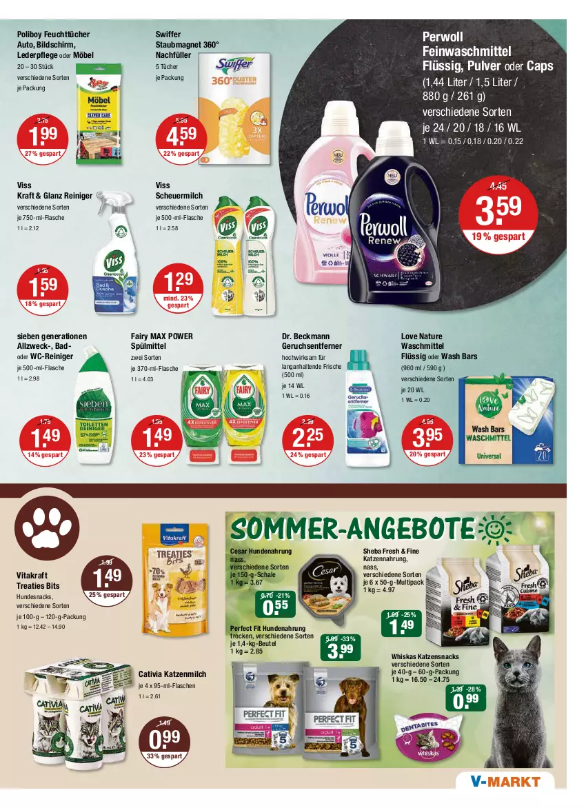 Aktueller Prospekt Vmarkt - V-Markt - von 07.07 bis 13.07.2022 - strona 11 - produkty: angebot, angebote, auto, Bad, beutel, Cap, Dr. Beckmann, fairy, feinwaschmittel, feuchttücher, flasche, Heu, hundenahrung, hundesnack, hundesnacks, je 500-ml-flasche, katzenmilch, katzennahrung, katzensnack, katzensnacks, kraft, milch, möbel, natur, Perfect Fit, perwoll, reiniger, Schal, Schale, scheuermilch, sheba, snack, snacks, spülmittel, staubmagnet, swiffer, Ti, tücher, vita, vitakraft, waschmittel, wc-reiniger, weck, whiskas