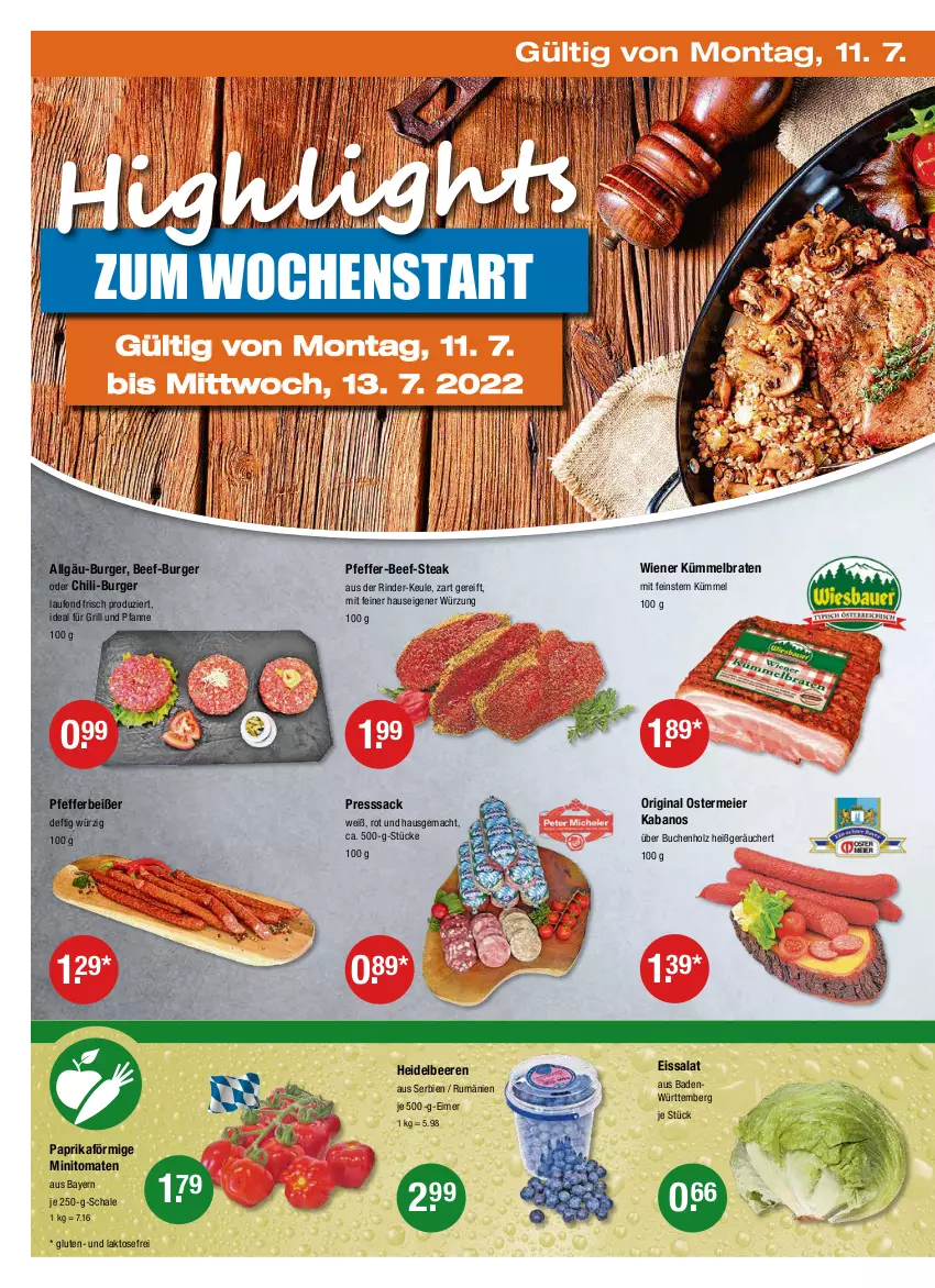 Aktueller Prospekt Vmarkt - V-Markt - von 07.07 bis 13.07.2022 - strona 18 - produkty: Bad, beef, beere, beeren, braten, buch, burger, chili, eier, eimer, eis, für grill und pfanne, gin, grill, grill und pfanne, heidelbeere, heidelbeeren, Holz, ideal für grill, ideal für grill und pfanne, kabanos, Laufen, LG, mac, paprika, pfanne, pfeffer, Pfefferbeißer, presssack, rind, rinder, rum, sac, salat, Schal, Schale, steak, Ti, tomate, tomaten, und pfanne, wiener