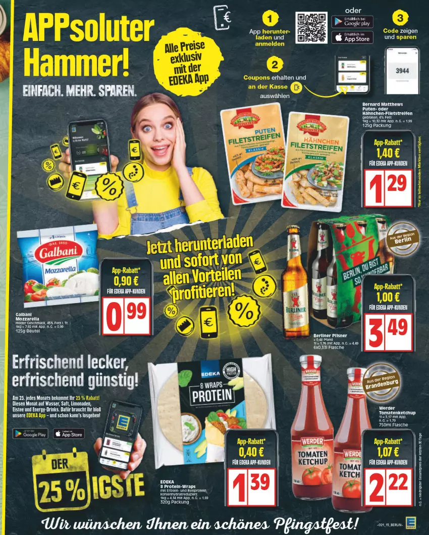 Aktueller Prospekt Edeka - Angebote der Woche - von 22.05 bis 27.05.2023 - strona 15 - produkty: berliner, beutel, braten, drink, drinks, eis, eistee, erbsen, filet, filets, flasche, galbani, google play, limo, limonade, limonaden, mac, mozzarella, pils, pilsner, Rauch, reifen, reis, rel, saft, tee, wasser, ZTE