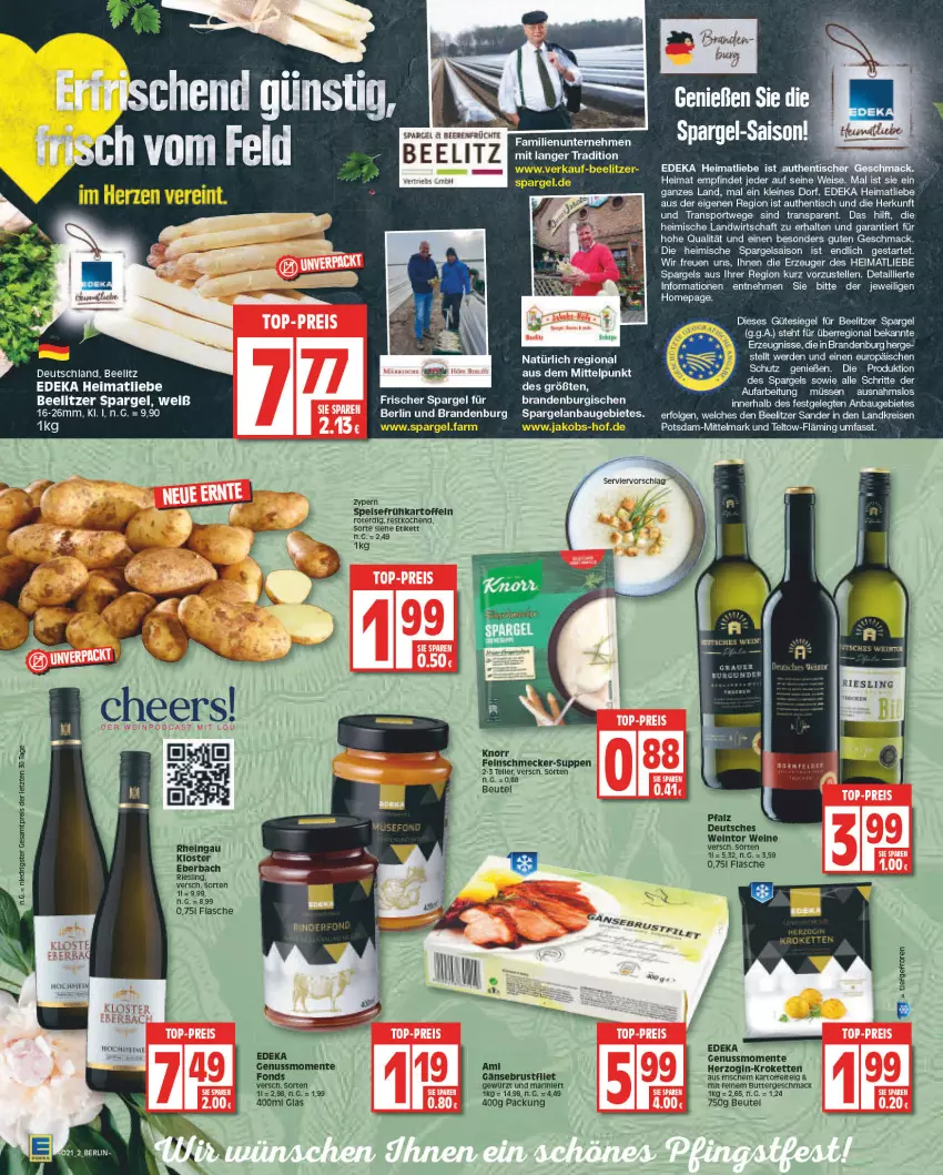 Aktueller Prospekt Edeka - Angebote der Woche - von 22.05 bis 27.05.2023 - strona 2 - produkty: Bau, beere, beutel, brustfilet, butter, deka, eis, Elan, elle, ente, erde, feinschmecker, filet, flasche, Frühkartoffeln, Gänsebrust, gewürz, gin, jako, kartoffel, kartoffeln, Kette, knorr, Kroketten, leine, LG, mac, ndk, nuss, Omep, reis, riesling, spargel, Sport, suppe, suppen, tee, teller, Ti, tisch, wein, weine