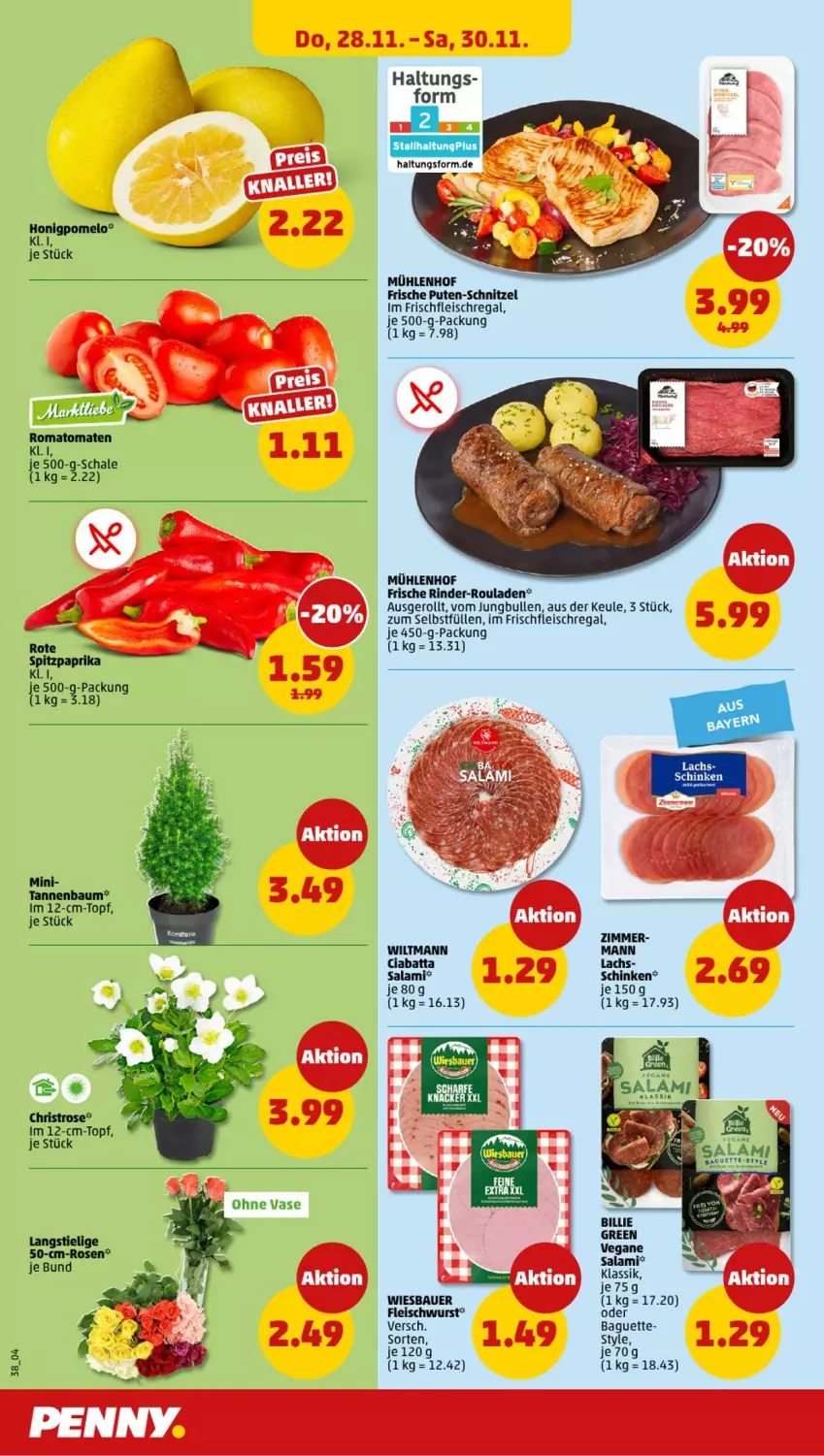 Aktueller Prospekt Penny - Prospekte - von 25.11 bis 30.11.2024 - strona 38 - produkty: auer, baguette, Bau, Bauer, ciabatta, eis, fleisch, fleischwurst, honig, Honigpomelo, jungbullen, knacker, lachs, Pomelo, pute, regal, rind, rinder, rinder-rouladen, Romatomaten, rosen, rouladen, salami, Schal, Schale, schinken, schnitzel, Tannenbaum, Ti, tomate, tomaten, topf, Vase, wiesbauer, wiltmann, wurst, Yo