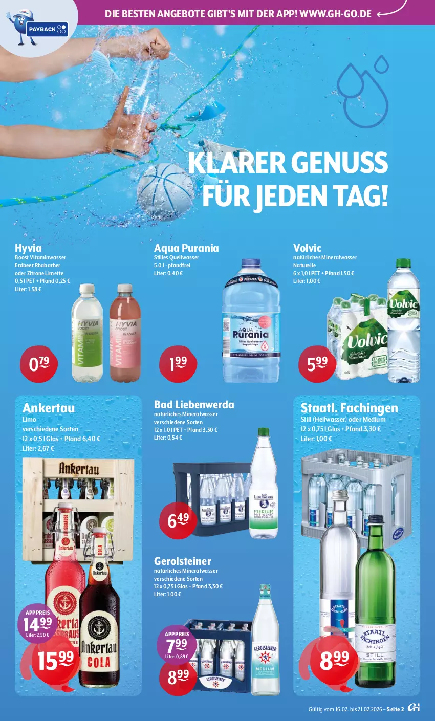 Aktueller Prospekt Getraenke Hoffmann - Prospekte - von 16.02 bis 21.02.2026 - strona 2 - produkty: Alwa, angebot, angebote, aqua, Bad, Bad Liebenwerda, eis, elle, gerolsteine, gerolsteiner, limette, limo, Mett, mineralwasser, natur, natürliches mineralwasser, nuss, reis, rel, rhabarber, Staatl. Fachingen, steiner, Ti, vita, volvic, volvic natürliches, wasser, zitrone