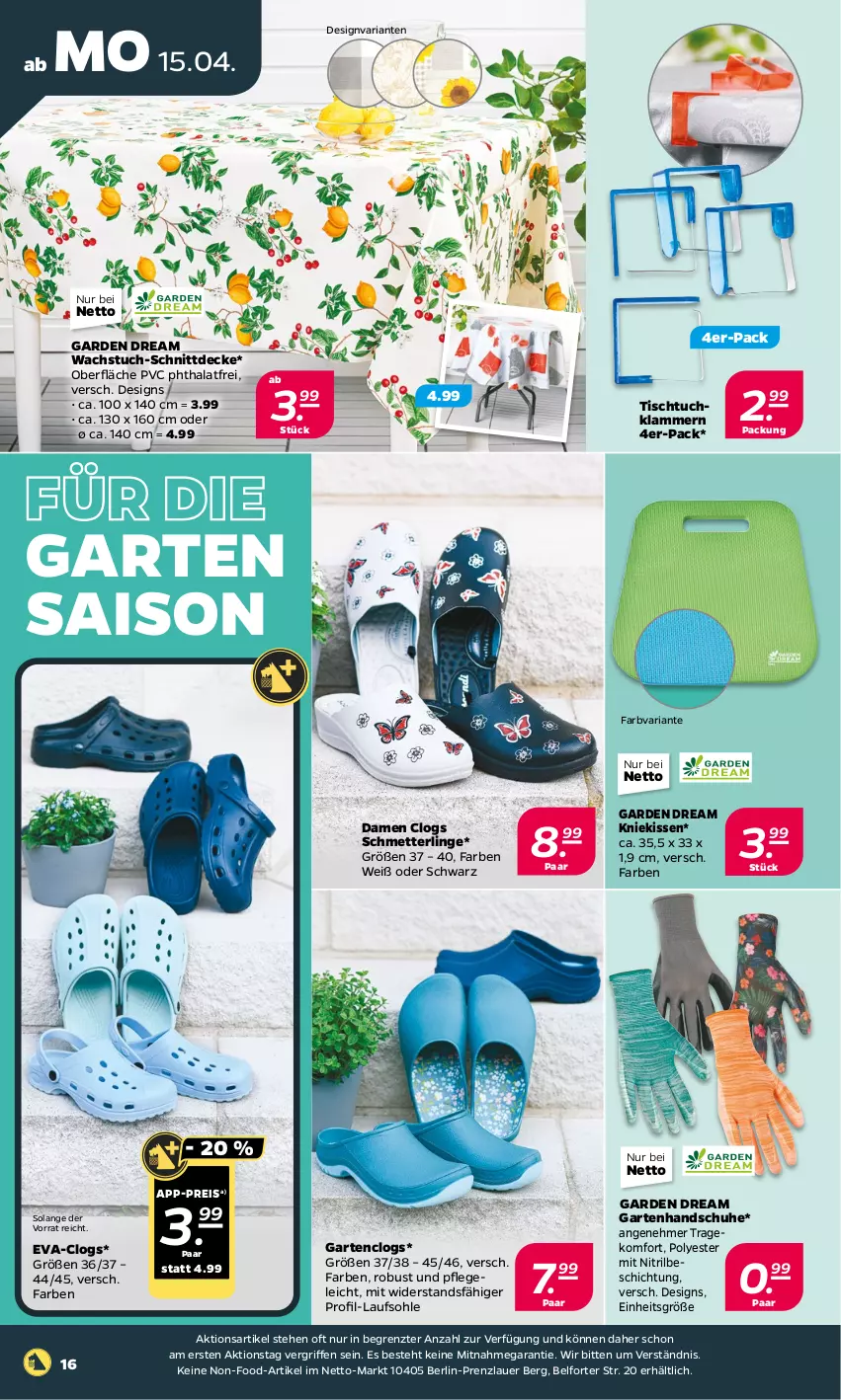 Aktueller Prospekt Netto - Woche 16 - von 15.04 bis 20.04.2024 - strona 16 - produkty: auer, Clogs, decke, eis, Garten, handschuhe, kissen, Klammern, Kniekissen, lamm, Mett, reis, Ria, Schmetterling, schuhe, Ti, tisch, tuc, wachstuch, ZTE