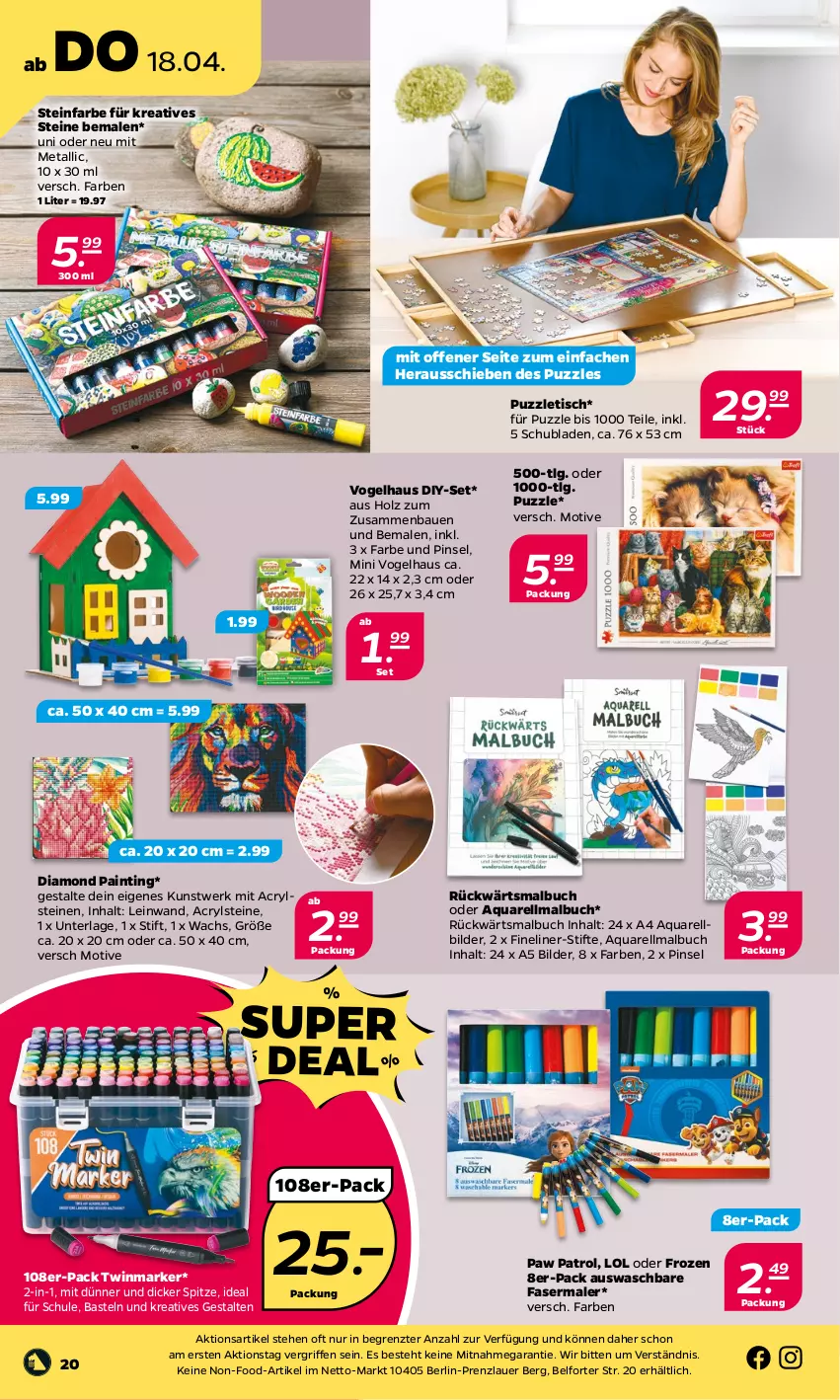 Aktueller Prospekt Netto - Woche 16 - von 15.04 bis 20.04.2024 - strona 20 - produkty: aqua, auer, Bau, buch, fasermaler, Fineliner, Holz, LG, Malbuch, Paw Patrol, Pinsel, Puzzle, rel, schubladen, stifte, Ti, tisch, ZTE