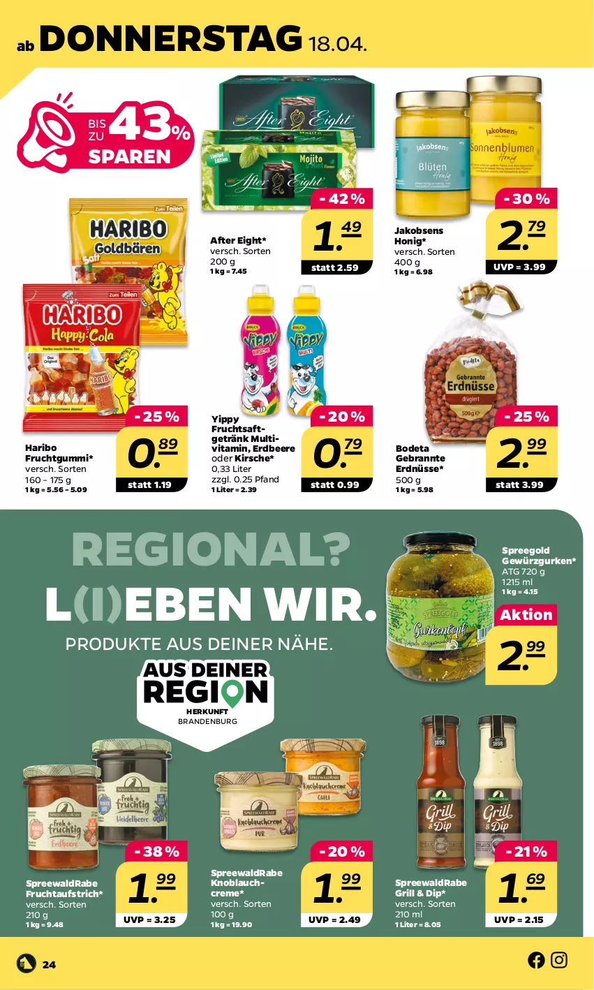 Aktueller Prospekt Netto - Woche 16 - von 15.04 bis 20.04.2024 - strona 24 - produkty: after eight, aufstrich, beere, creme, dip, erdbeere, erdnüsse, frucht, fruchtaufstrich, fruchtgummi, fruchtsaft, fruchtsaftgetränk, Gebrannte Erdnüsse, getränk, gewürz, Gewürzgurke, gewürzgurken, grill, gurke, gurken, haribo, honig, jako, kirsch, kirsche, knoblauch, Knoblauchcreme, saft, Ti, vita