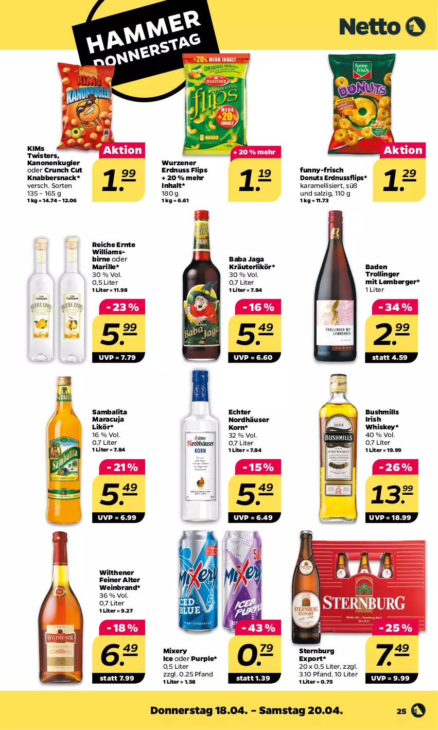 Aktueller Prospekt Netto - Woche 16 - von 15.04 bis 20.04.2024 - strona 25 - produkty: Bad, Berger, Donut, donuts, erdnuss, funny-frisch, irish whiskey, karamell, KnabberSnack, korn, kräuter, kräuterlikör, likör, maracuja, Mixer, mixery, nuss, salz, snack, Sternburg, Ti, trolli, trollinger, wein, weinbrand, whiskey, wilthener