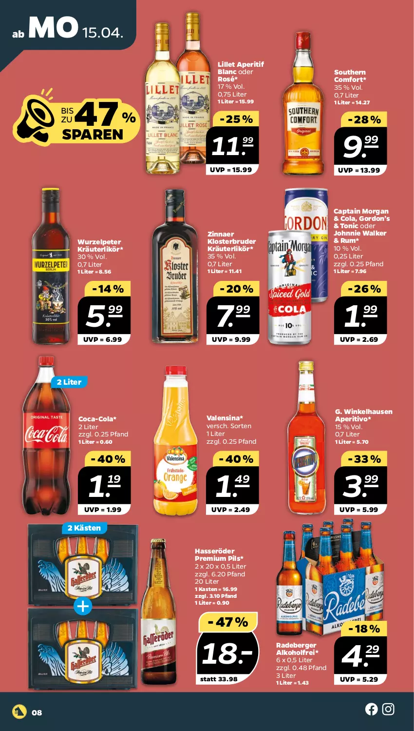 Aktueller Prospekt Netto - Woche 16 - von 15.04 bis 20.04.2024 - strona 8 - produkty: alkohol, aperitif, Berger, Cap, captain morgan, coca-cola, cola, gordon, Gordon’s, hasseröder, johnnie walker, kräuter, kräuterlikör, likör, lillet, pils, premium pils, radeberger, rum, Southern Comfort, Ti, tonic, valensina, winkelhausen