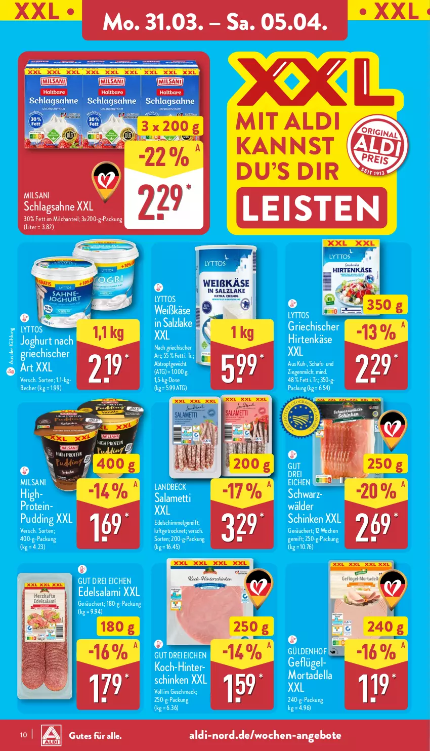 Aktueller Prospekt Aldi Nord - Von Montag - von 31.03 bis 05.04.2025 - strona 10 - produkty: aldi, angebot, angebote, Becher, dell, Edelsalami, eis, Geflügel, hirtenkäse, joghur, joghurt, joghurt nach, Käse, LG, mac, Mett, milch, mortadella, pudding, sahne, salami, salz, schinken, schlagsahne, Ti